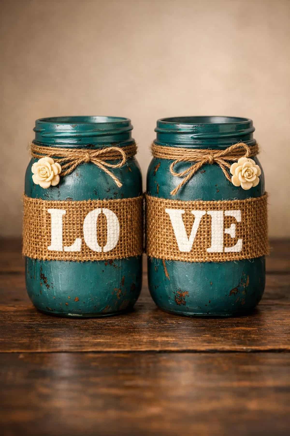Rustic “LOVE” Painted Mason Jar Set