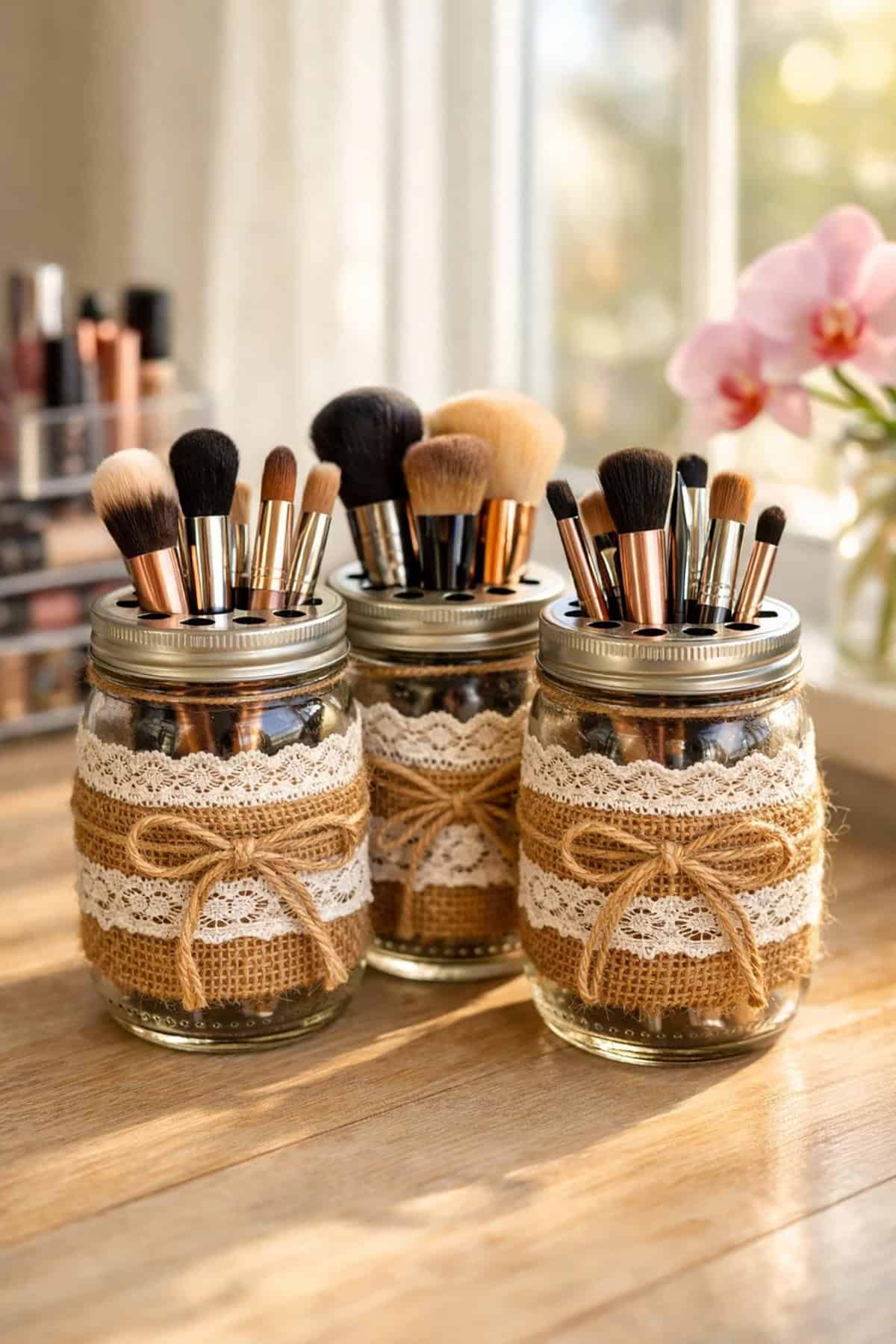 Rustic Lace Mason Jar Makeup Brush Holders