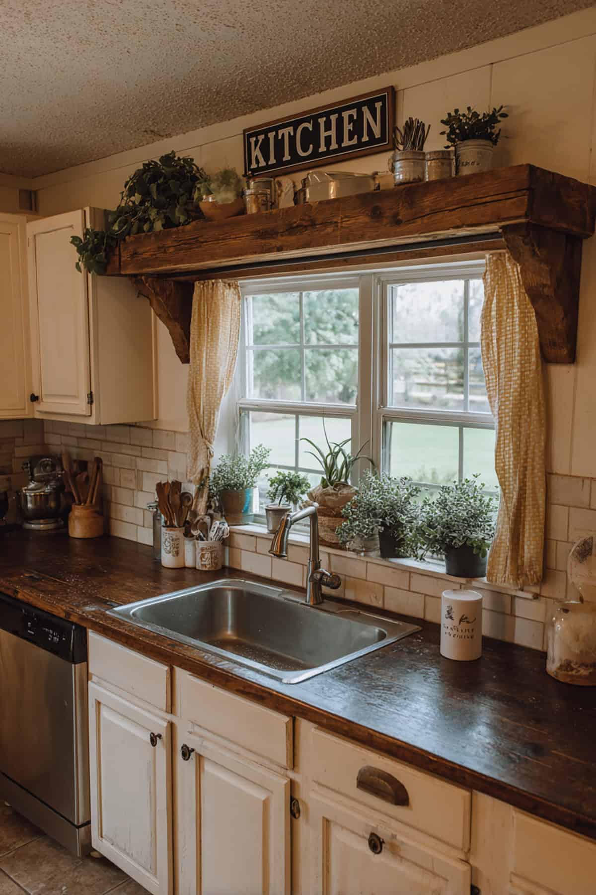 Rustic Shelf with Hanging Decor Above Window