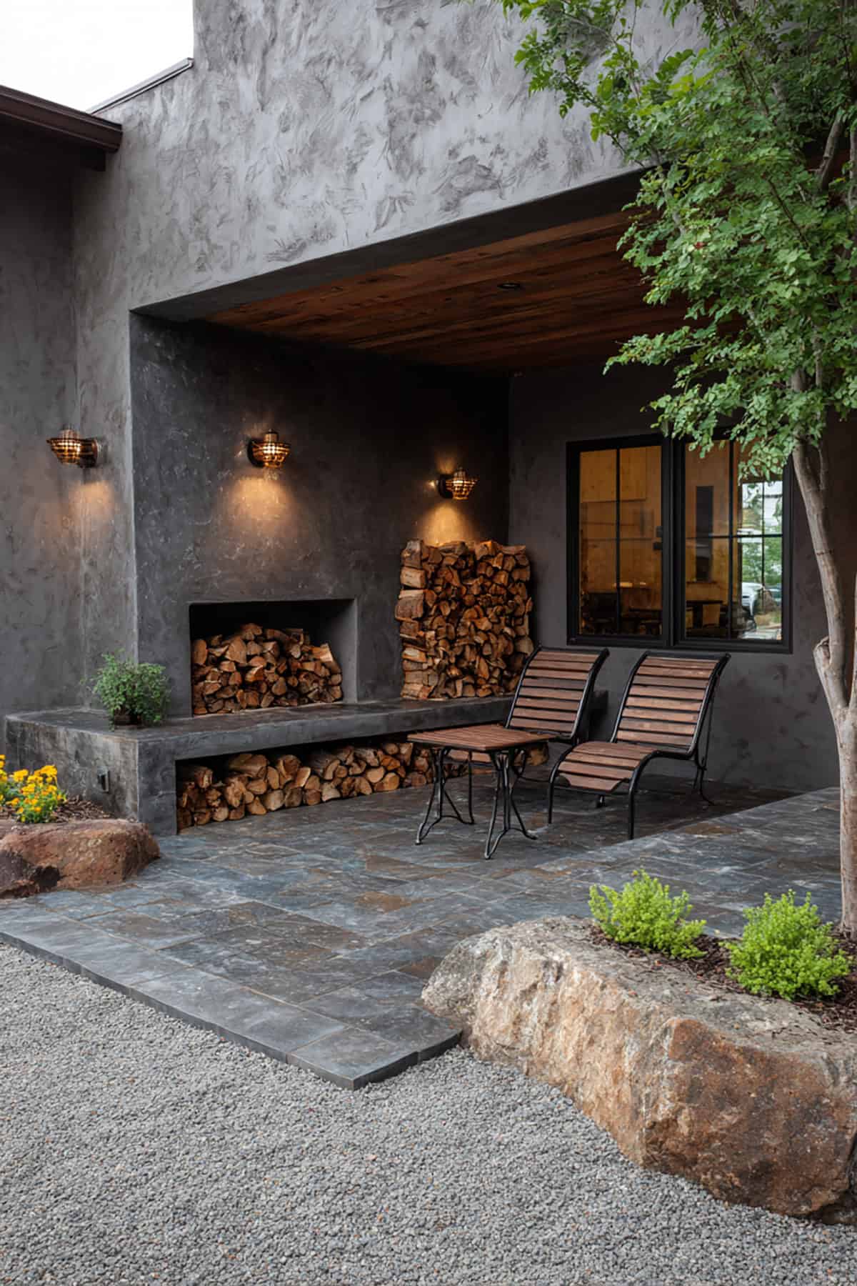 Rustic Slate Stamped Patio with Firewood Storage Nook