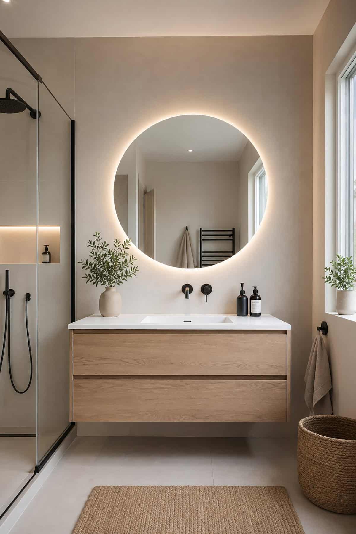 Scandinavian Bathroom with Backlit Mirror Glow