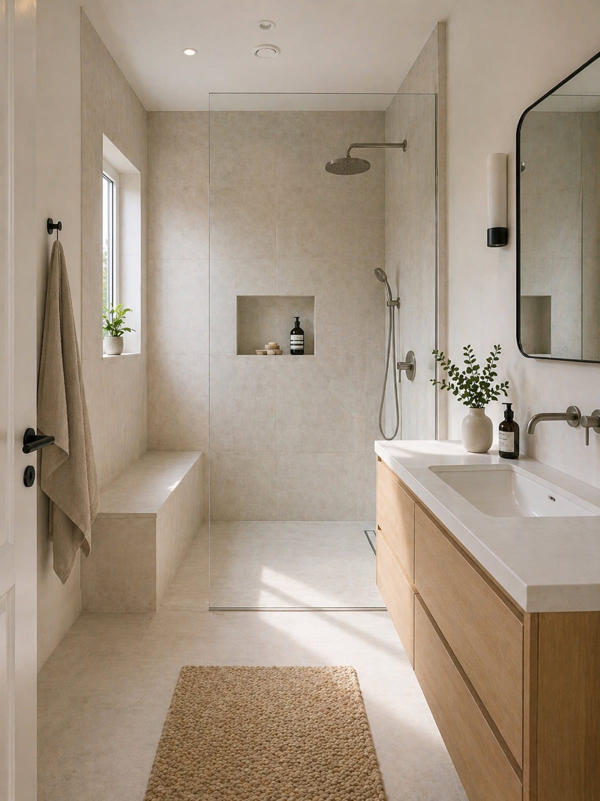 Scandinavian Bathroom with Built In Bench Shower