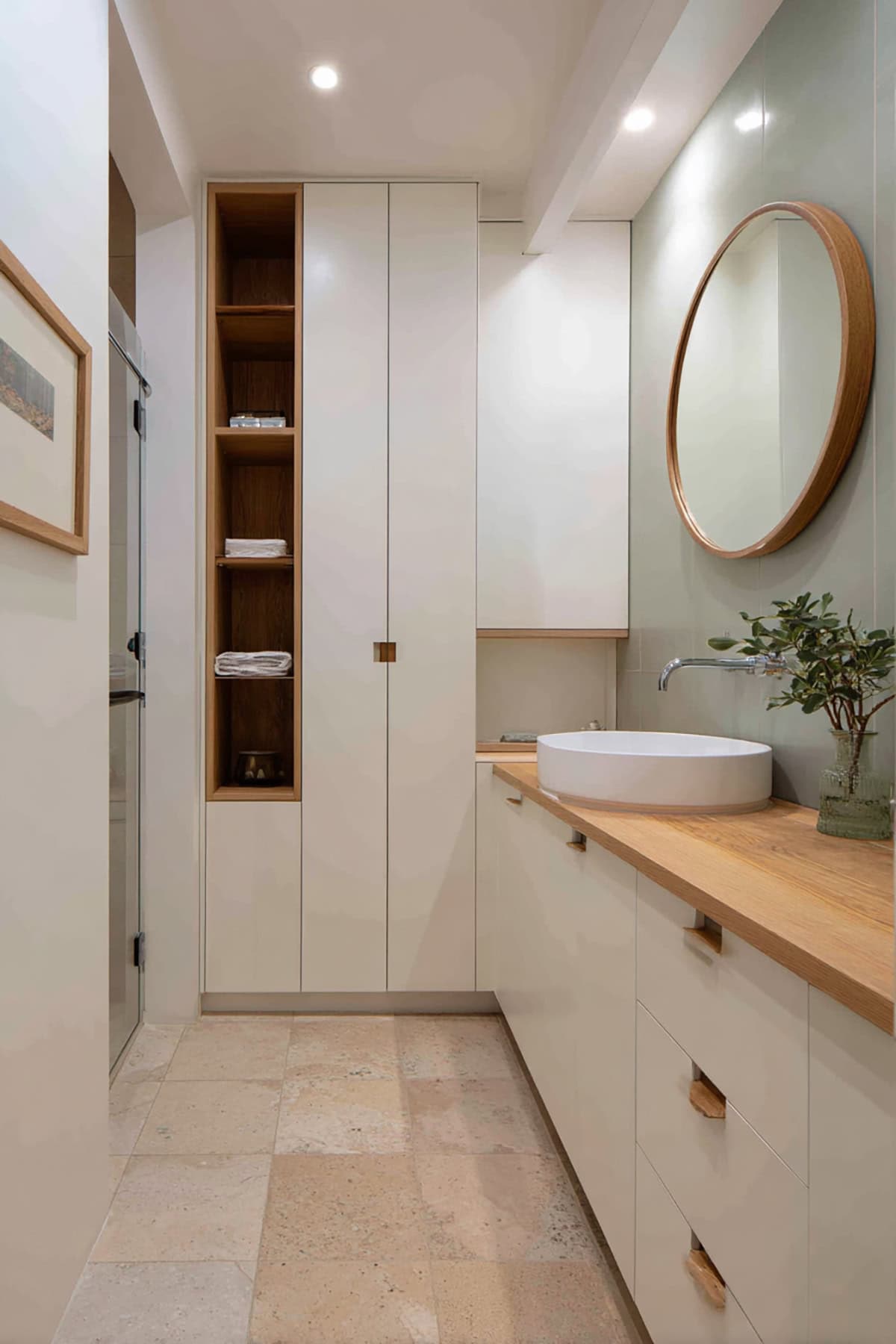 Scandinavian Bathroom with Built In Vertical Storage Column