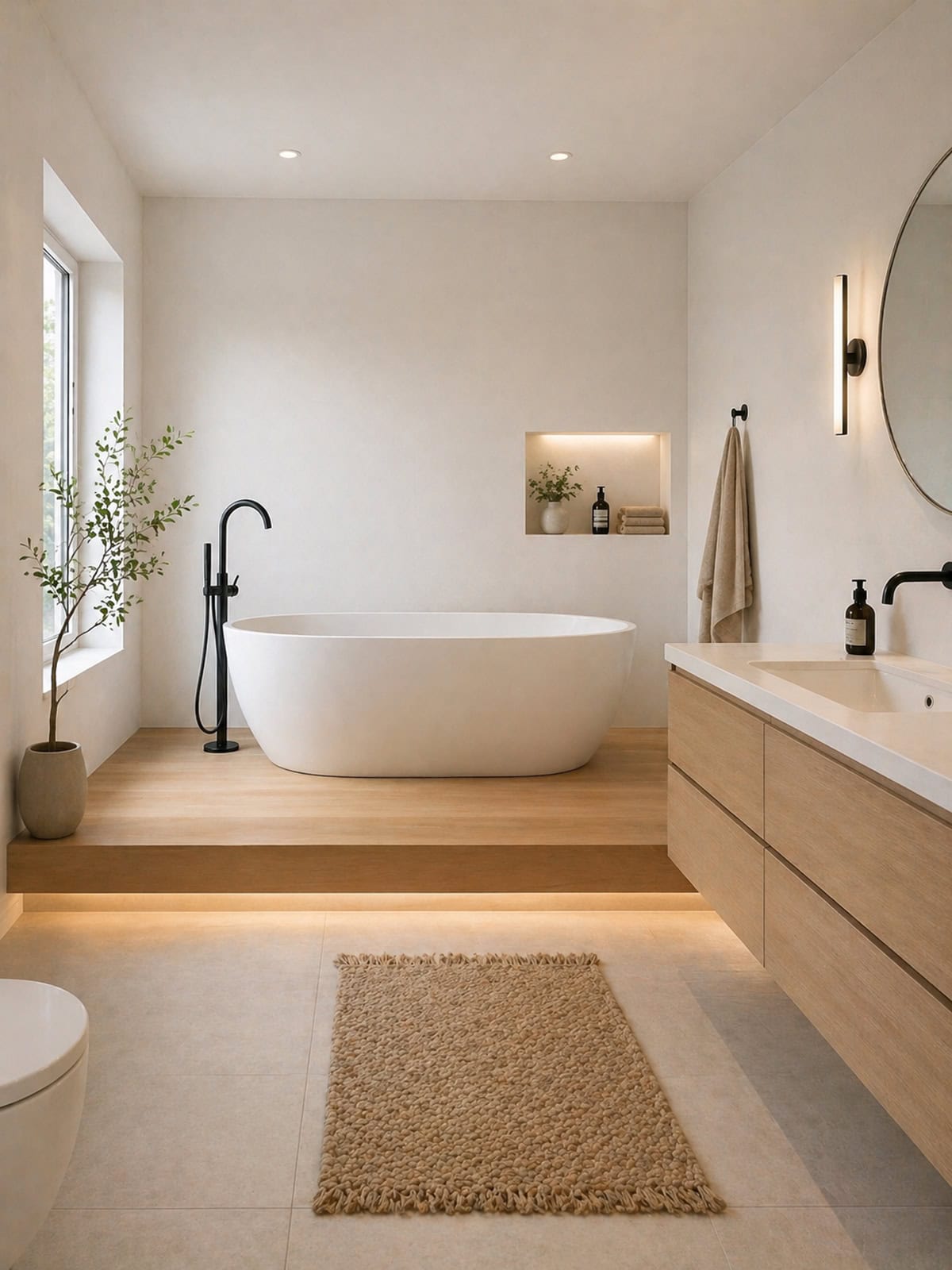 Scandinavian Bathroom with Elevated Platform Bathtub