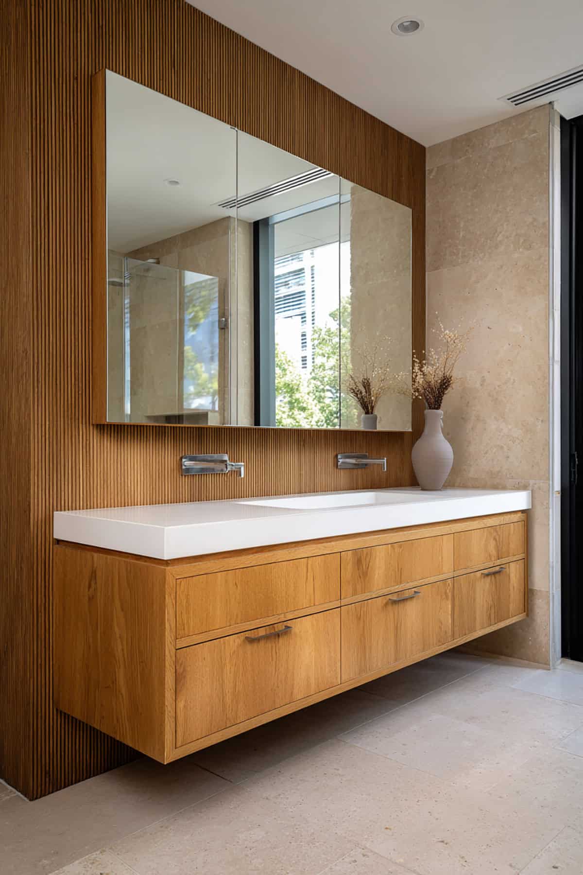 Scandinavian Bathroom with Fluted Wood Vanity Wall
