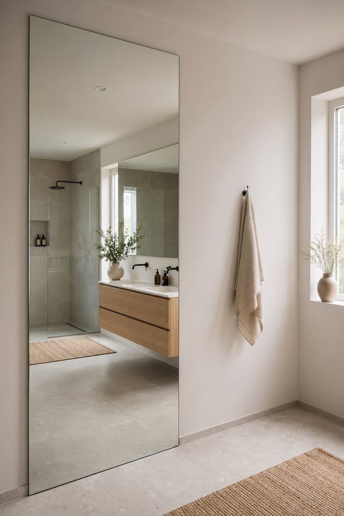 Scandinavian Bathroom with Frameless Full Height Mirror Panel