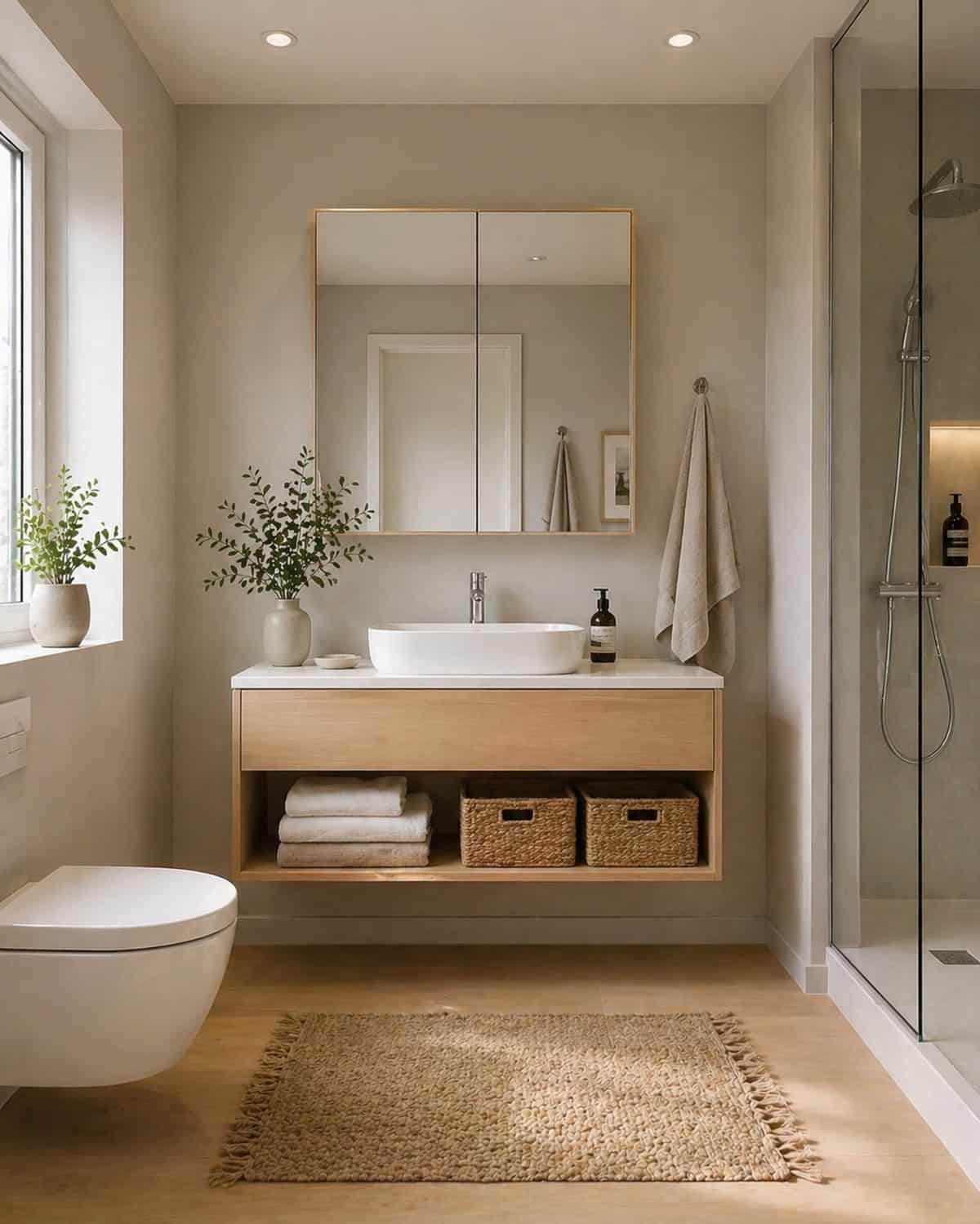 Scandinavian Bathroom with Open Shelf Vanity Storage