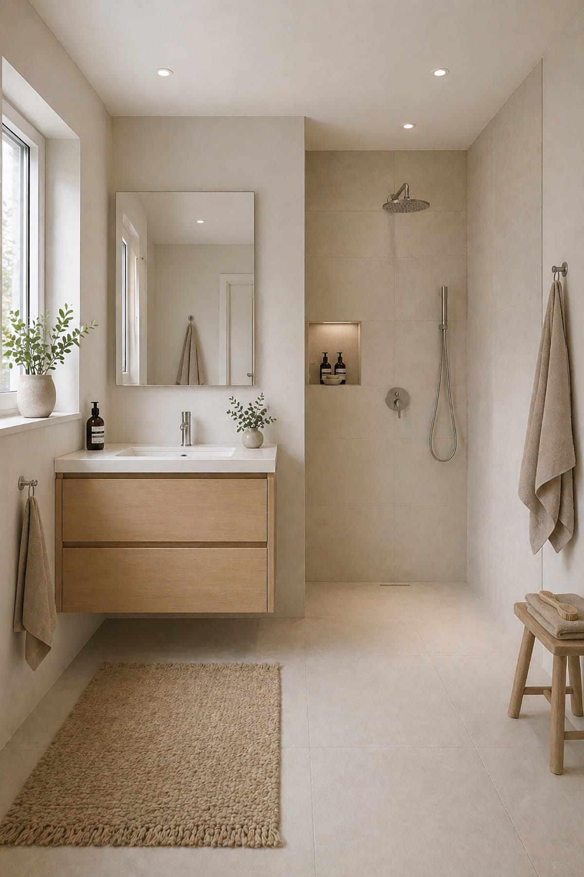 Scandinavian Bathroom with Open Shower Without Glass