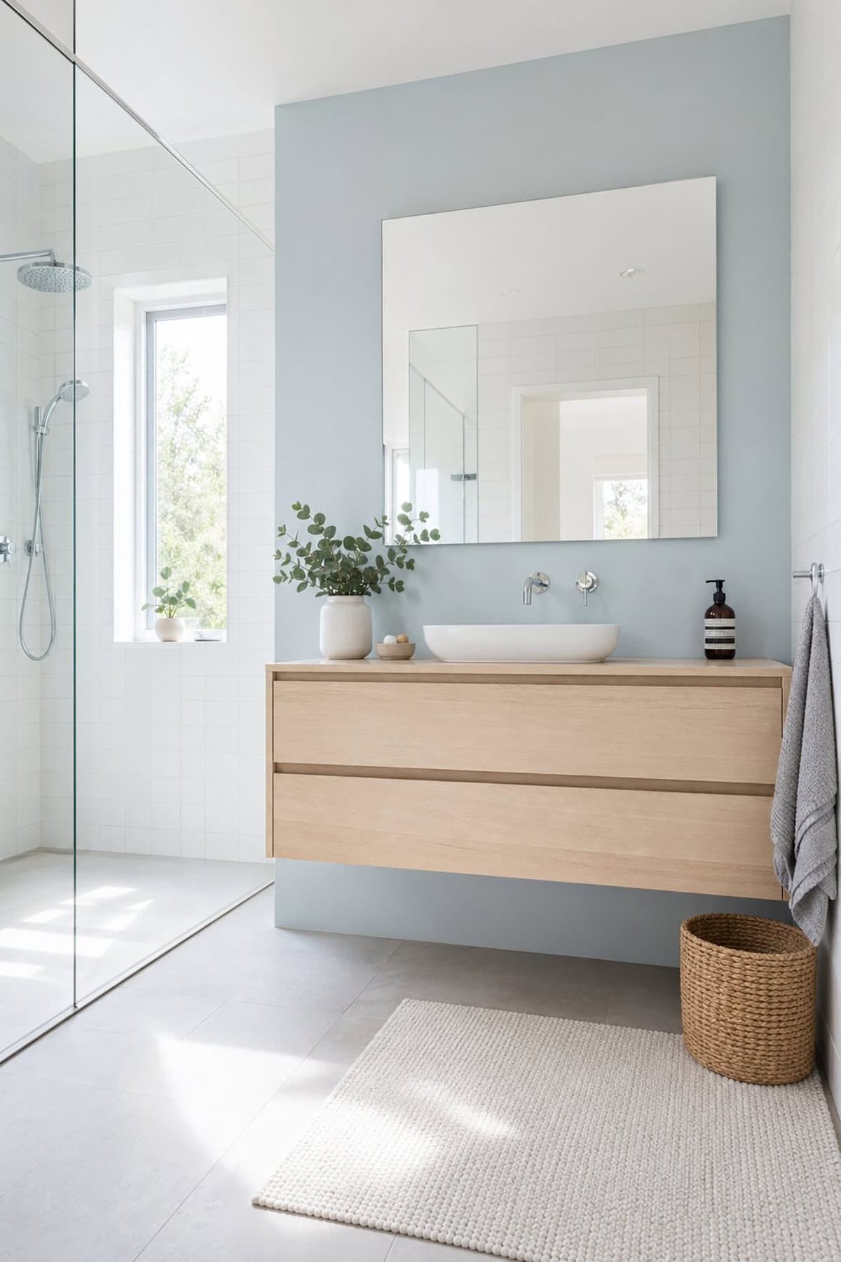 Scandinavian Bathroom with Pale Blue Accent Wall