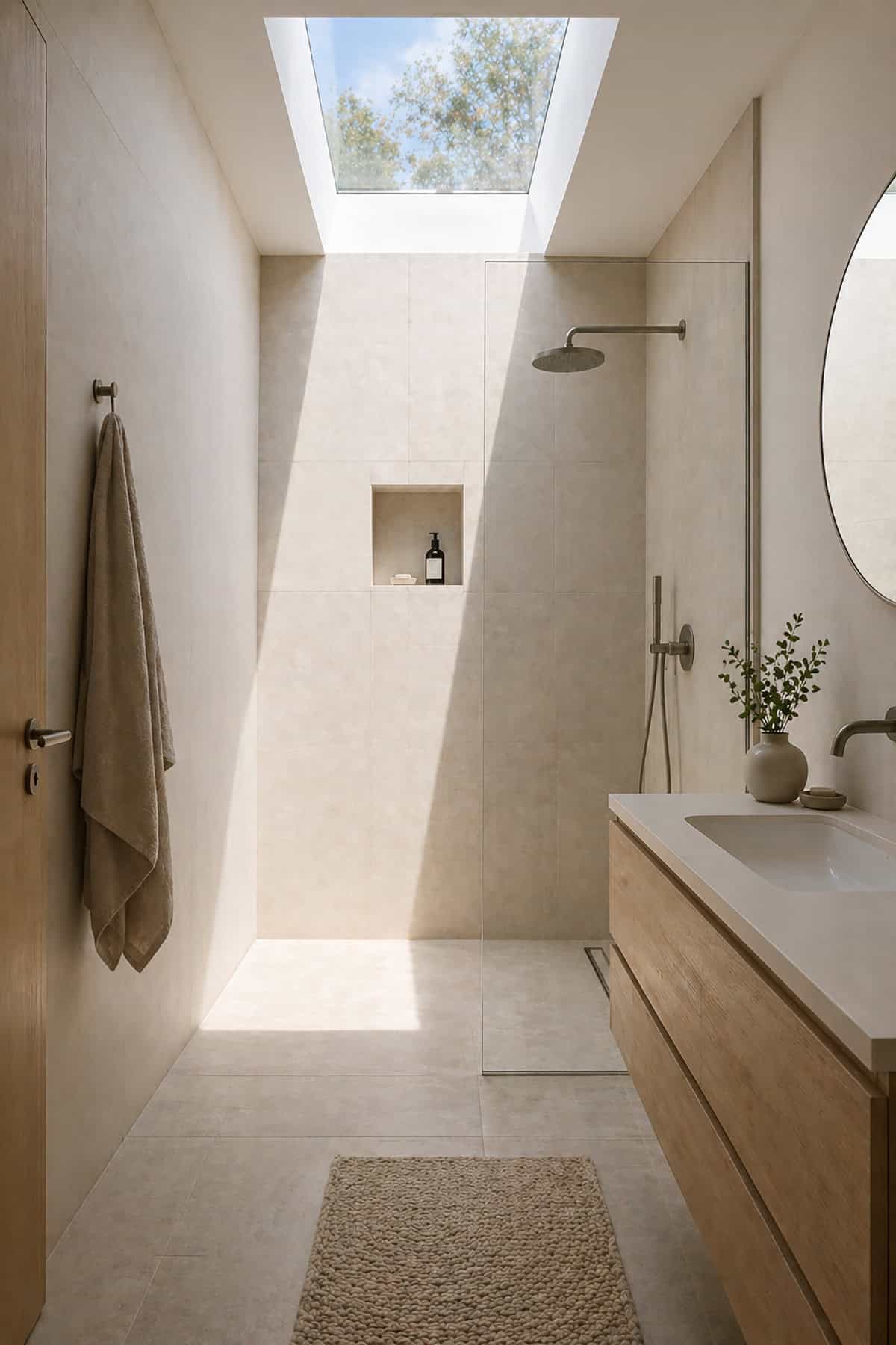 Scandinavian Bathroom with Skylight Above Shower