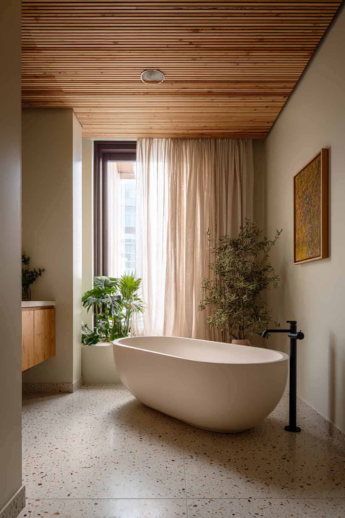 Scandinavian Bathroom with Vertical Slat Wood Ceiling