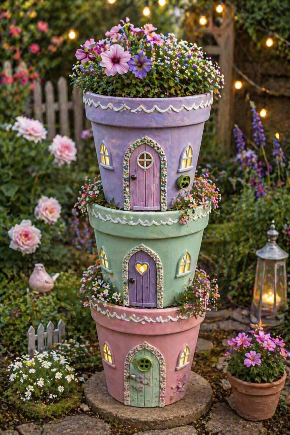Stacked Flower Pot Fairy House Tower