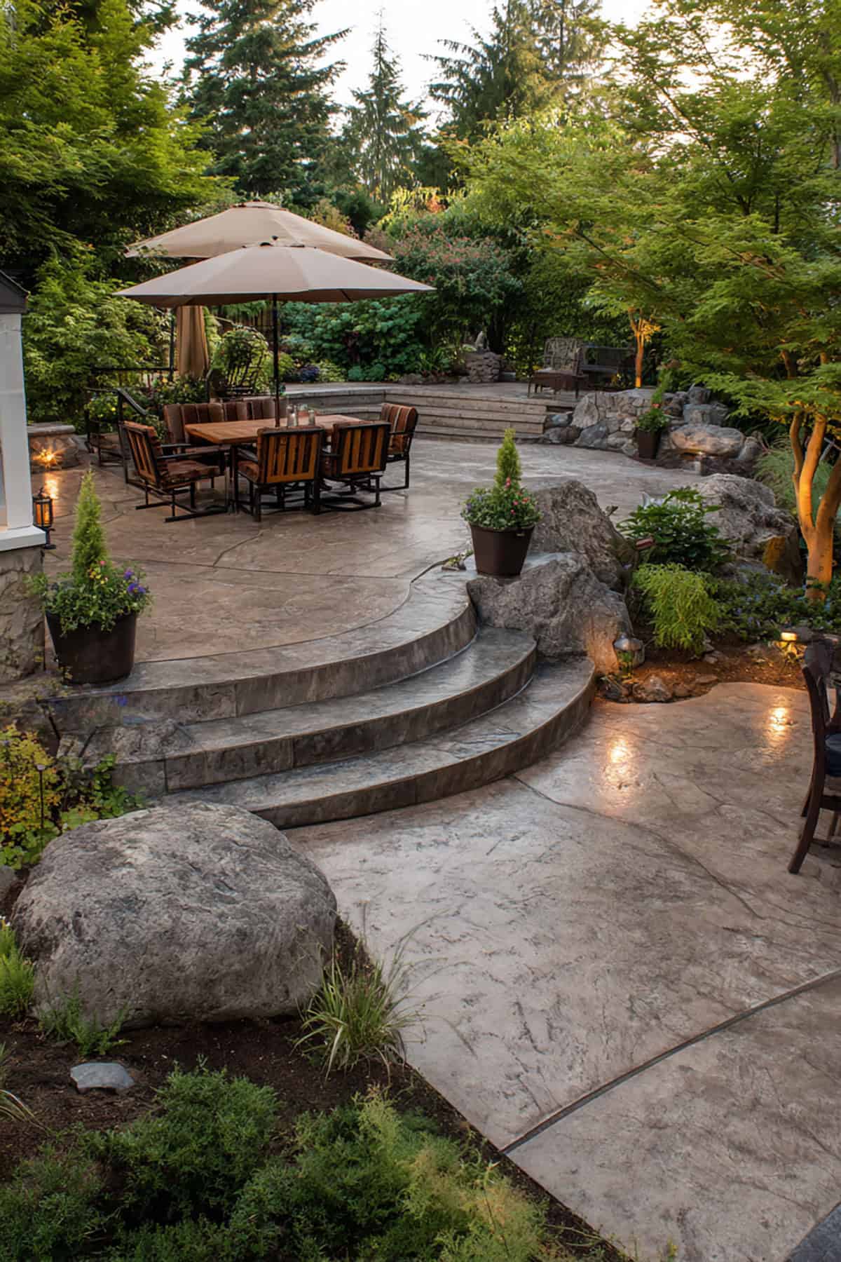 Stamped Concrete Patio with Curved Steps and Planters