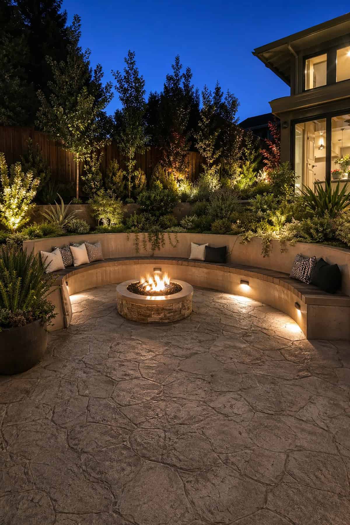 Stamped Concrete Patio with Integrated Seating Walls