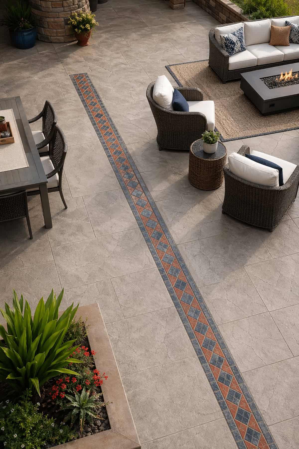 Stamped Concrete Patio with Mosaic Accent Band