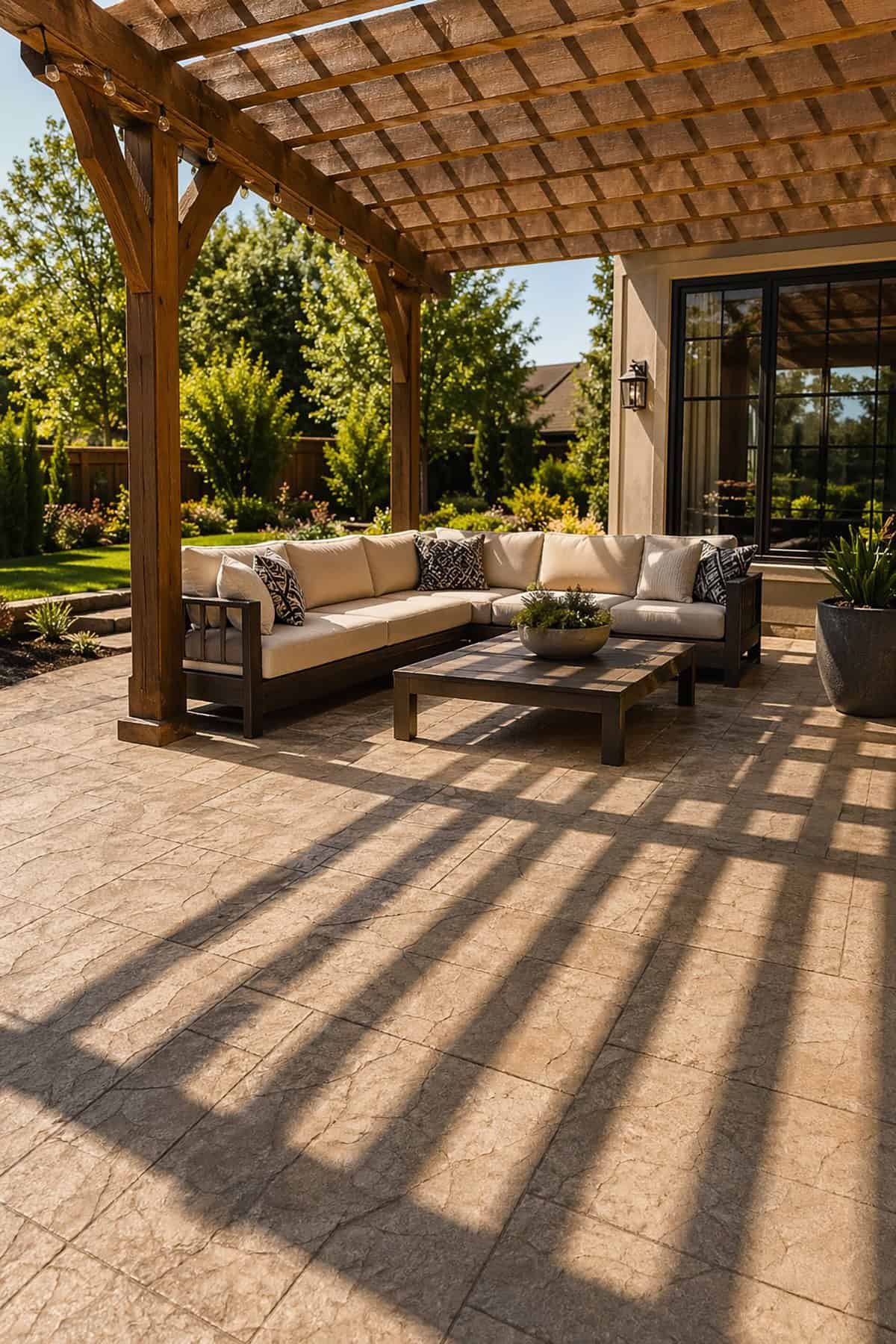 Stamped Concrete Patio with Pergola Shadow Pattern