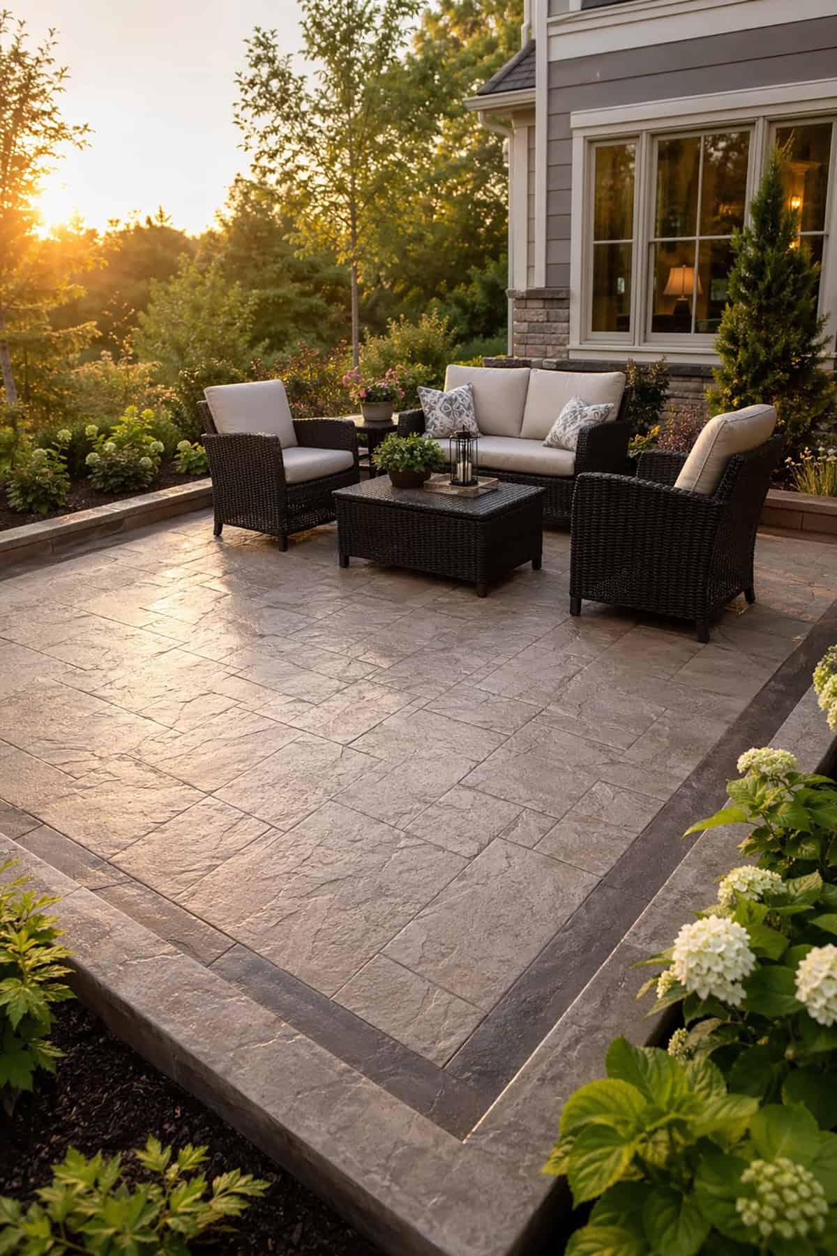 Stamped Concrete Patio with Raised Edge Garden Frame