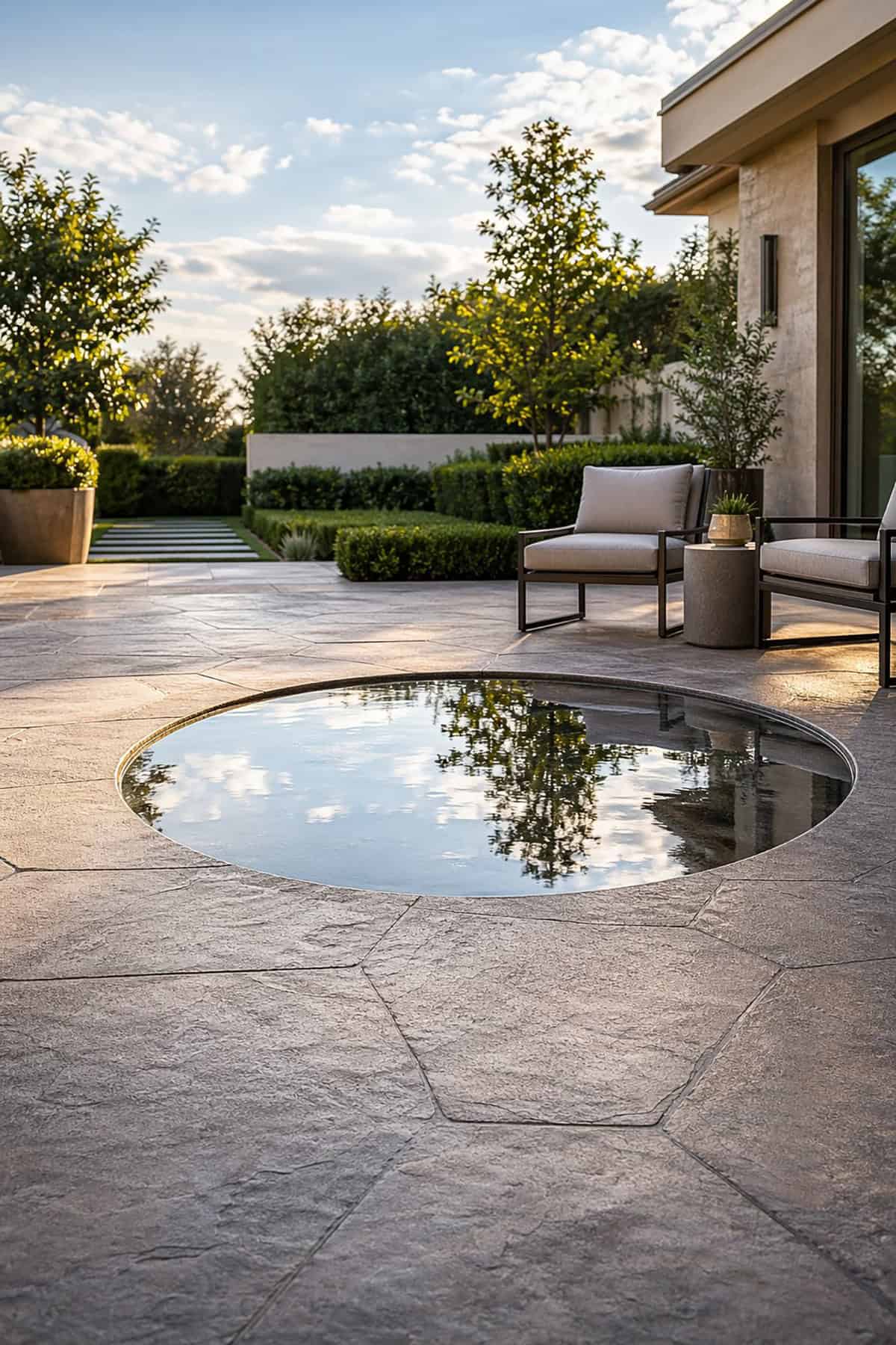 Stamped Concrete Patio with Water Basin Accent