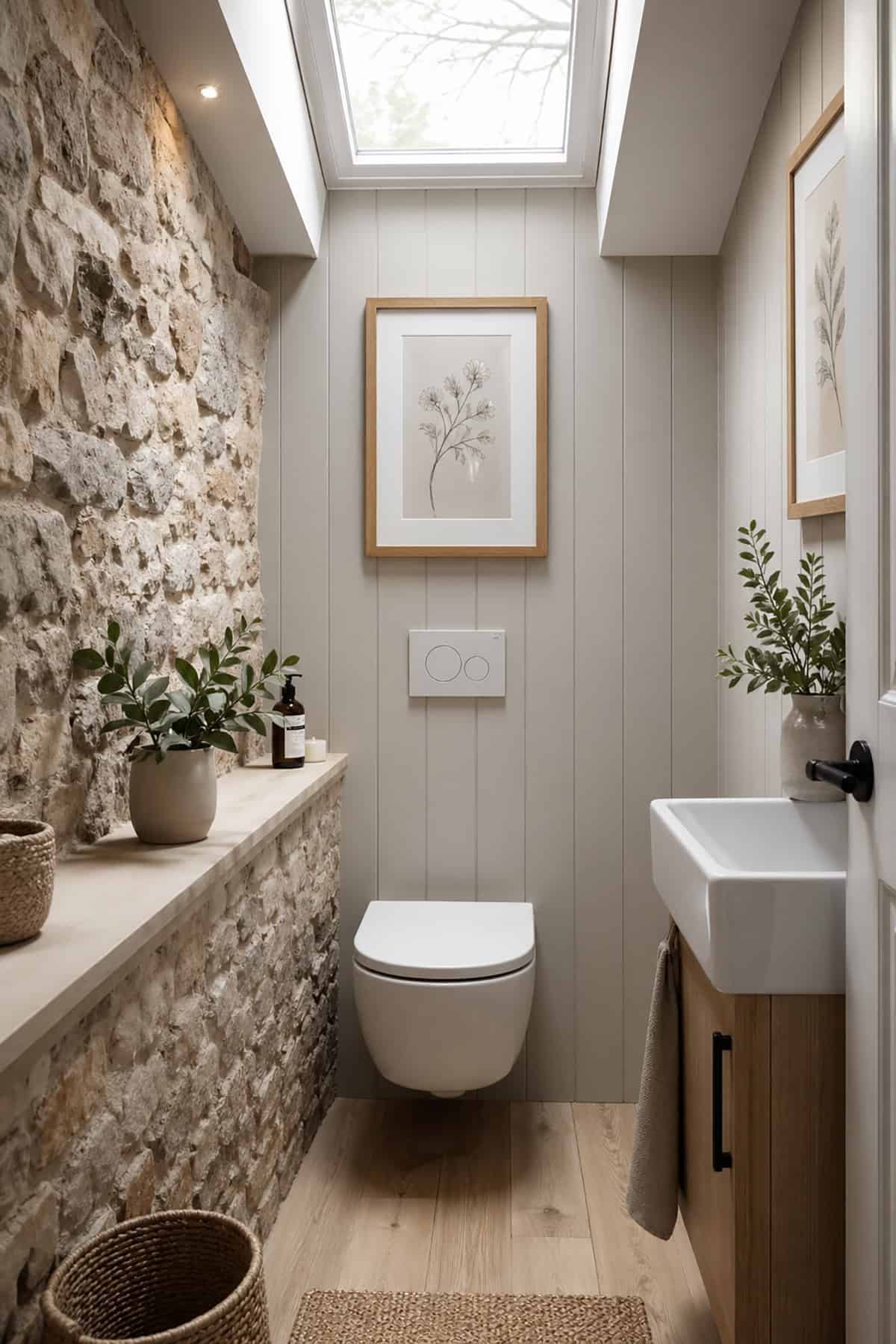 Stone Accent Scandinavian Bathroom with Soft Neutrals