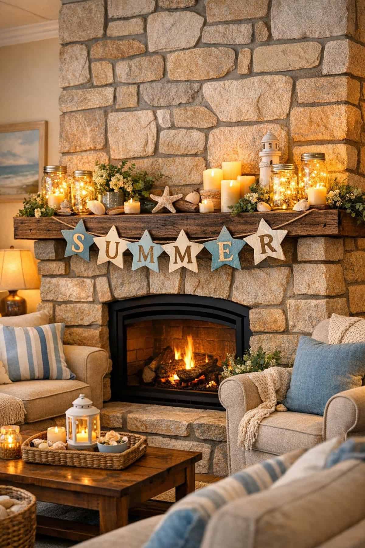 Summer Mantel With Star Garland and Warm Lighting