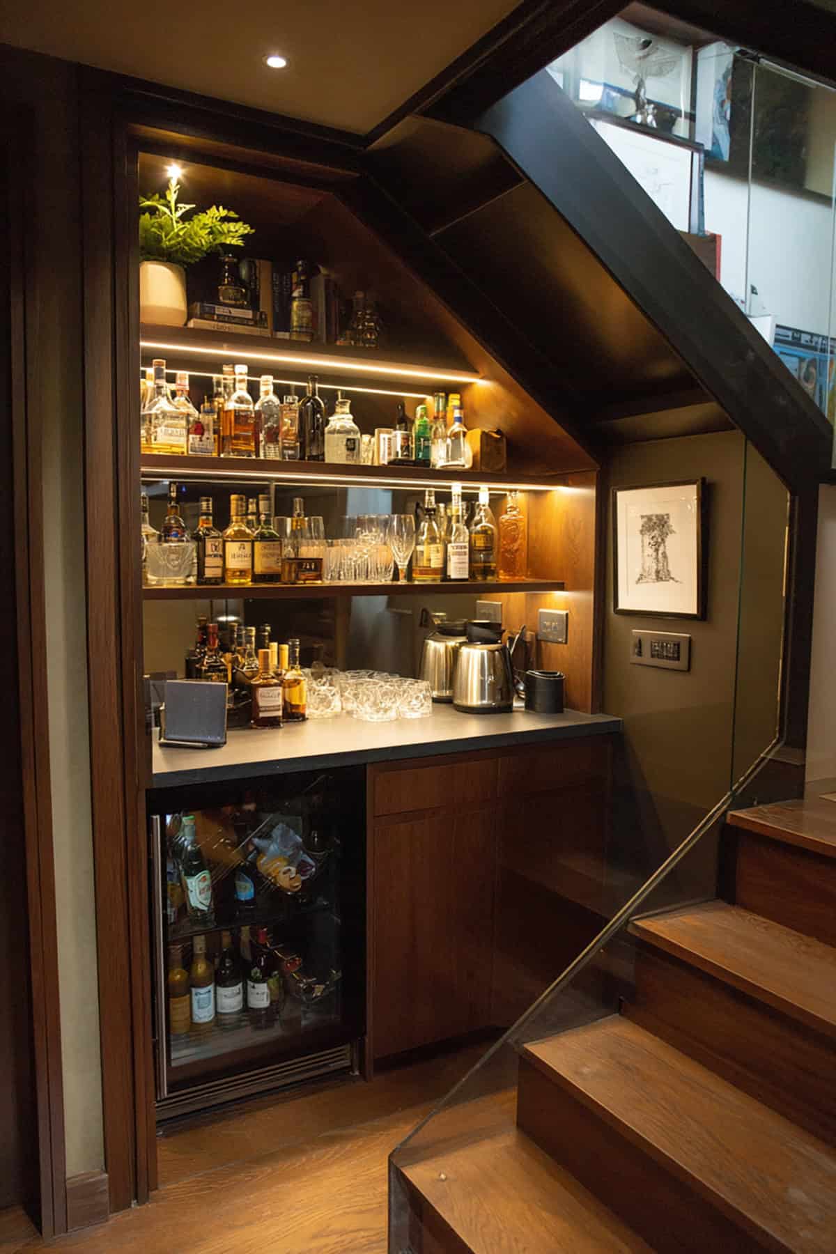 Under Stairs Mini Bar With Accent Lighting