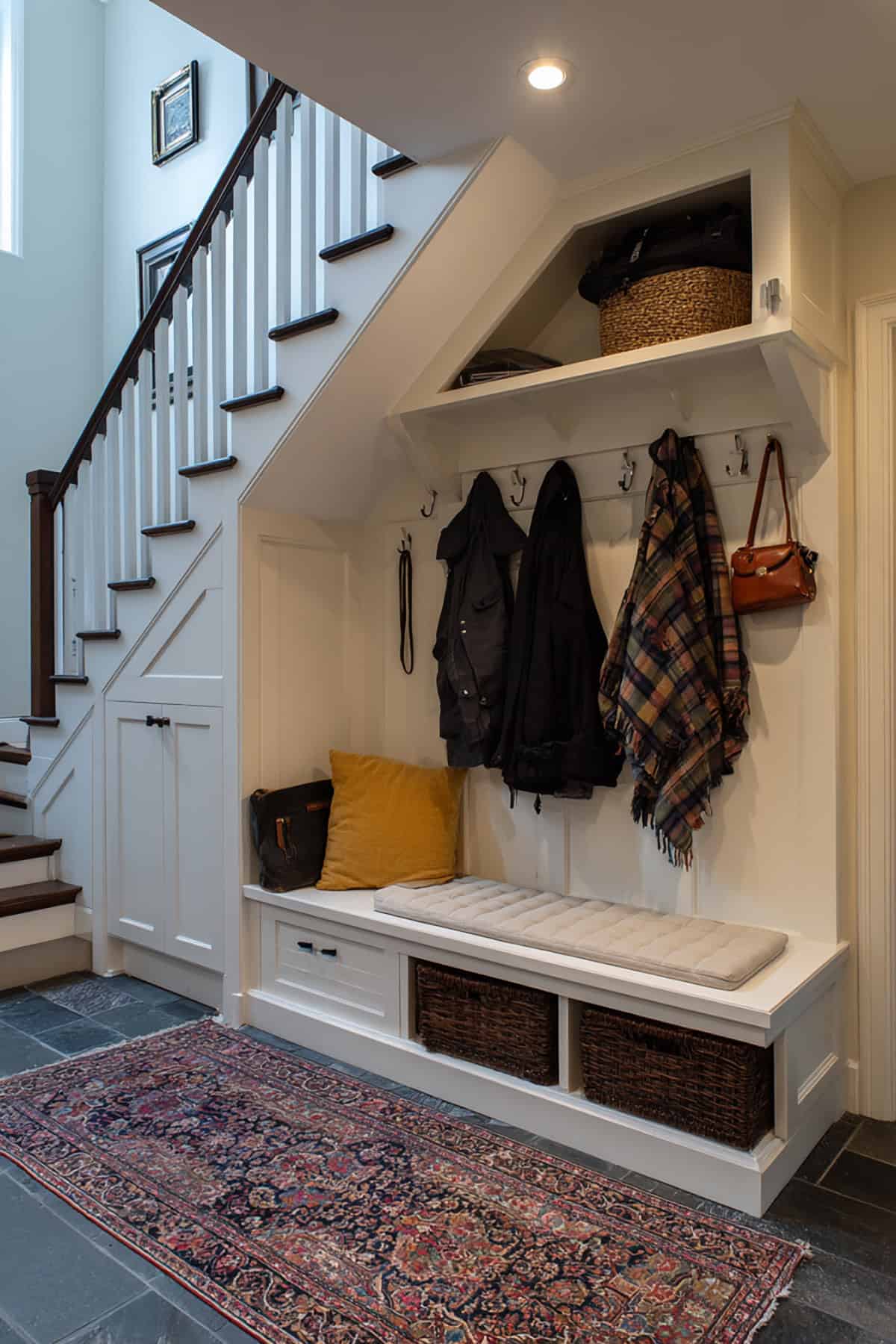 Under Stairs Mudroom With Bench And Hooks
