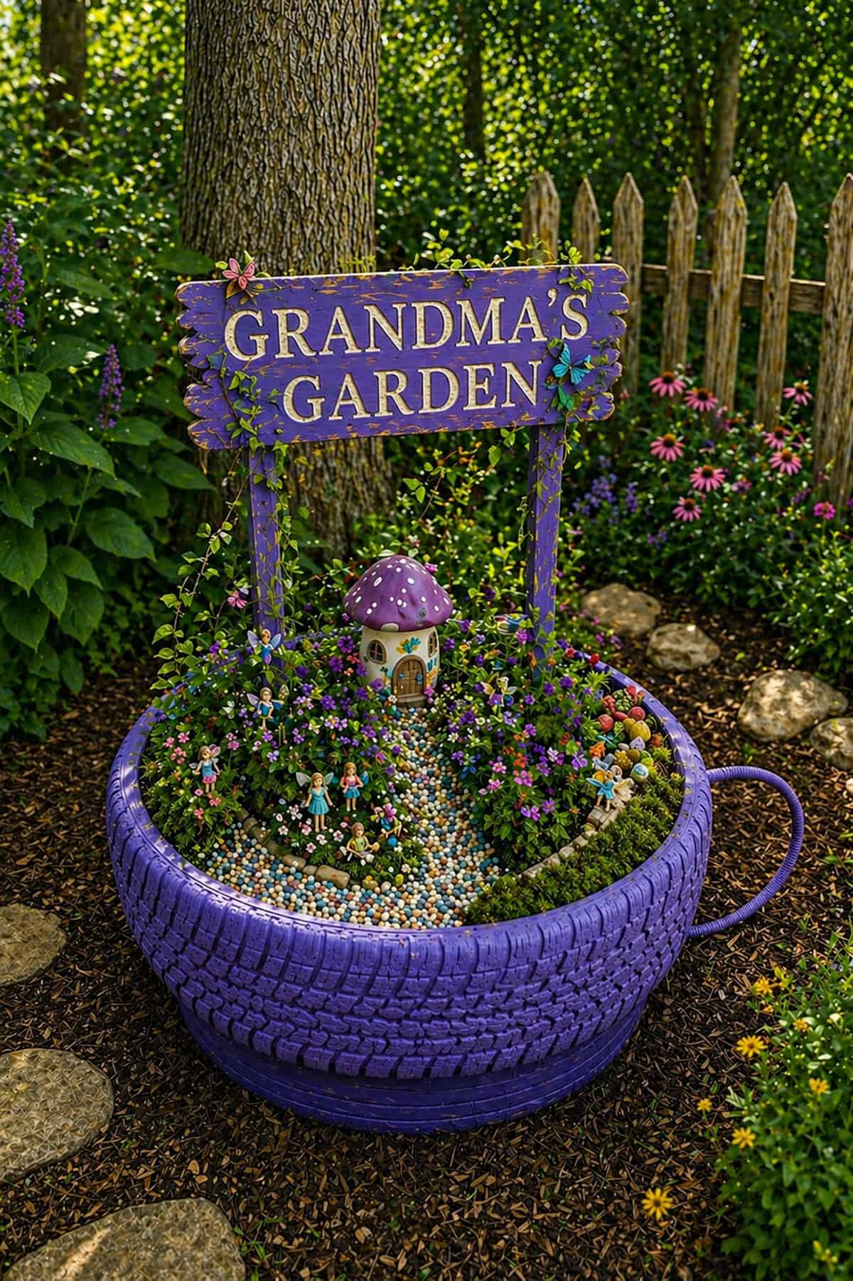 Upcycled Tire with Decorative Entry Sign