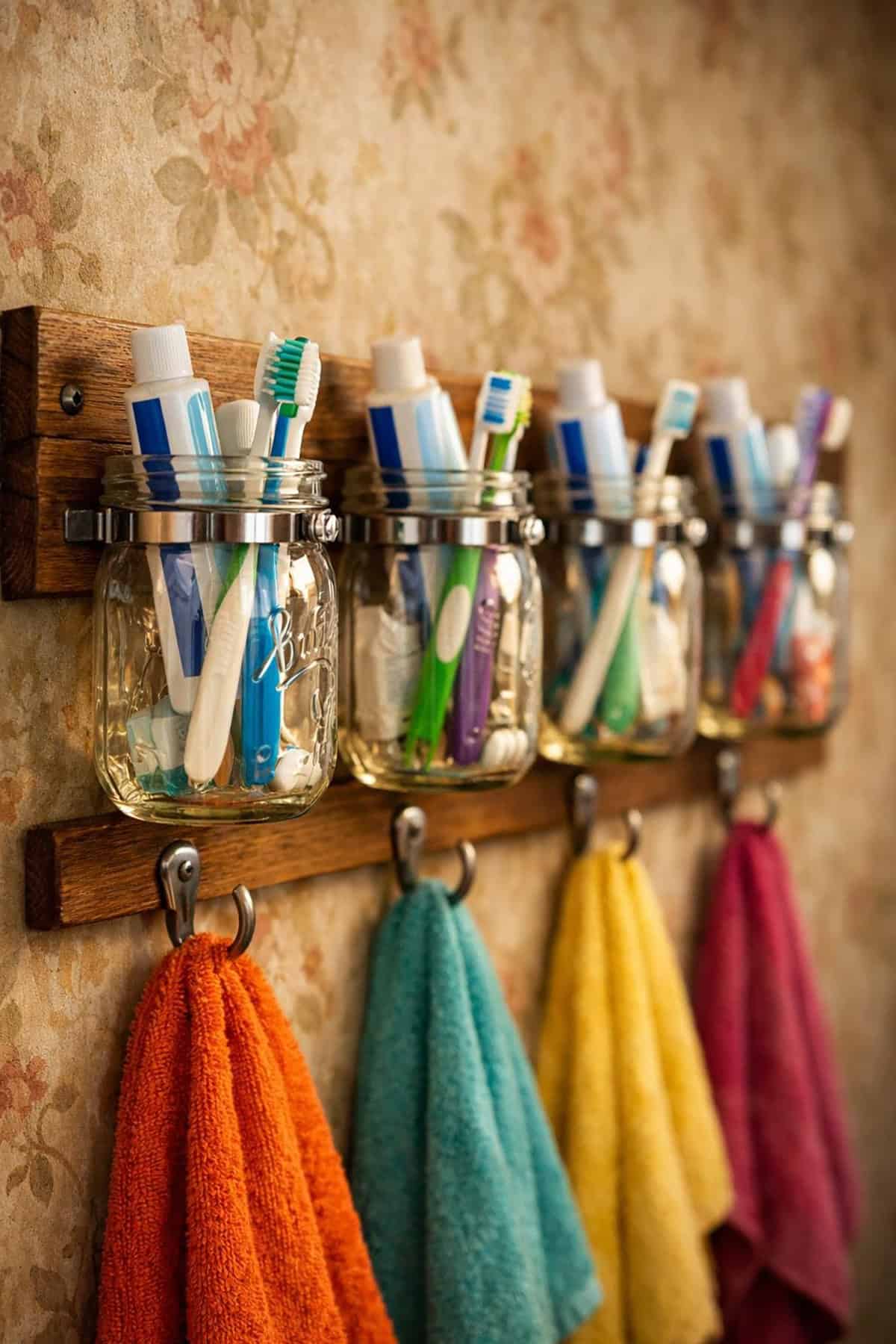 Wall Mounted Mason Jar Bathroom Organizer Rail