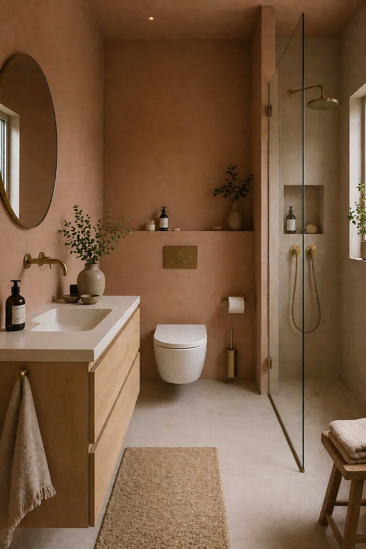 Warm Scandinavian Bathroom with Clay Toned Walls