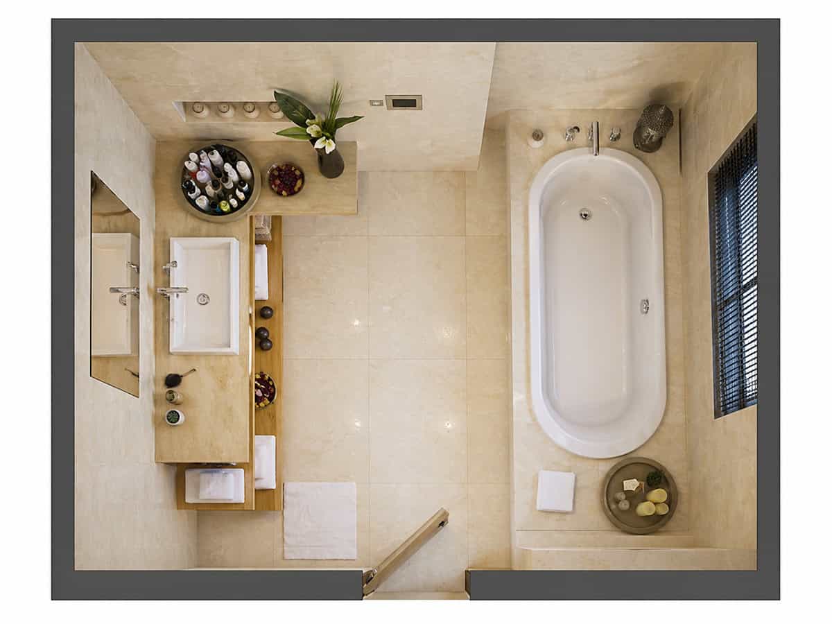 Warm Stone Spa Bathroom with Built In Tub and Floating Vanity top view