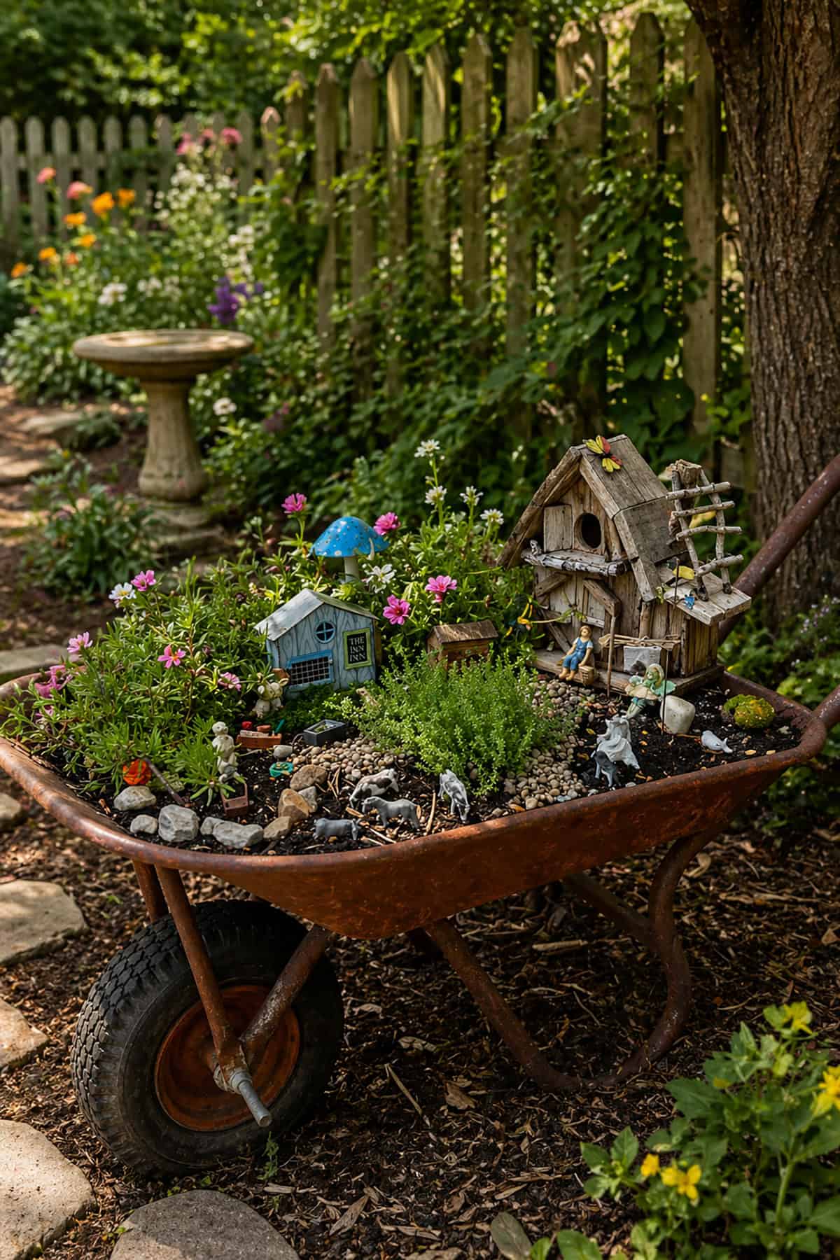 Wheelbarrow Fairy Farm with Wooden Houses