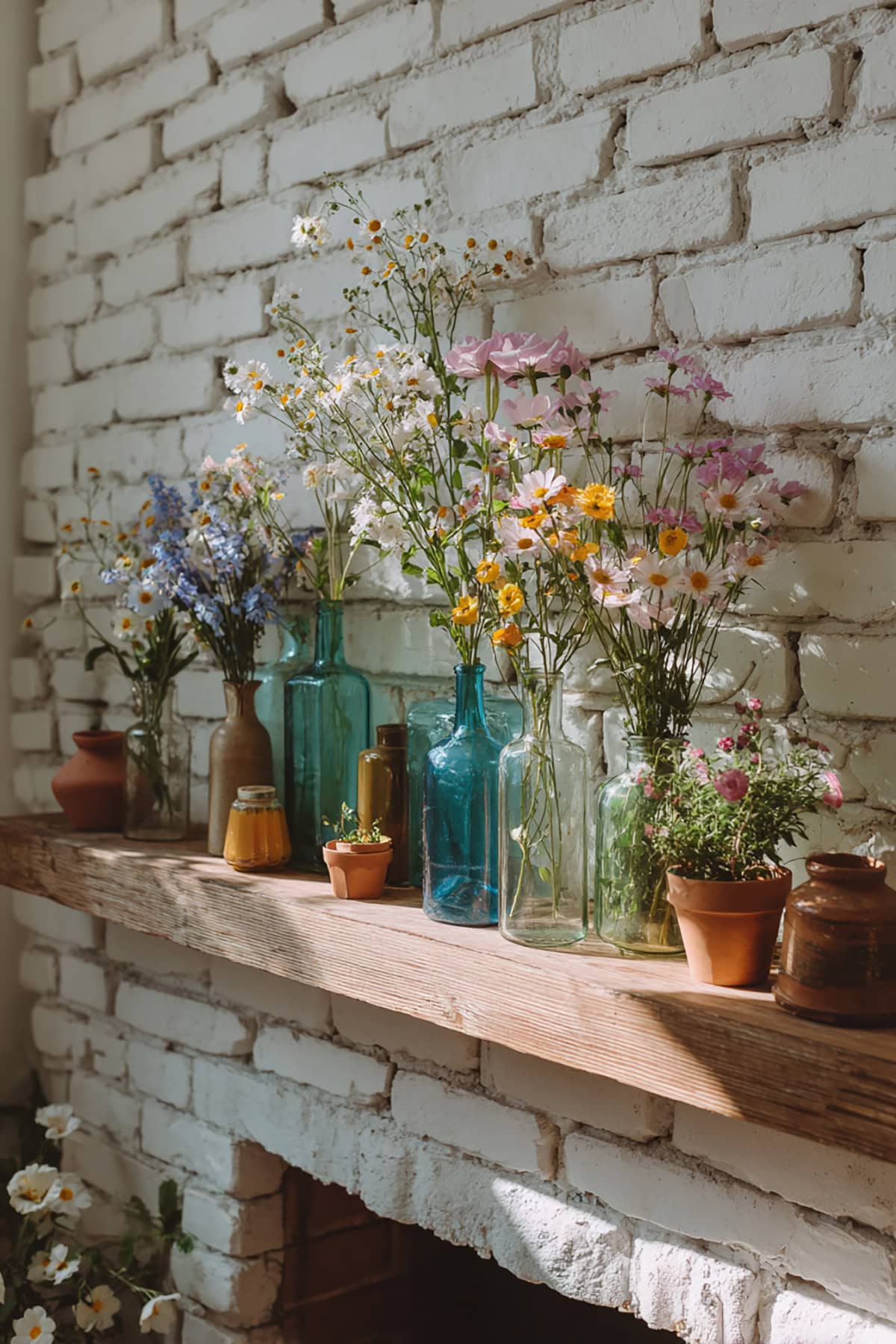 Wildflower Bottle Mantel on White Brick