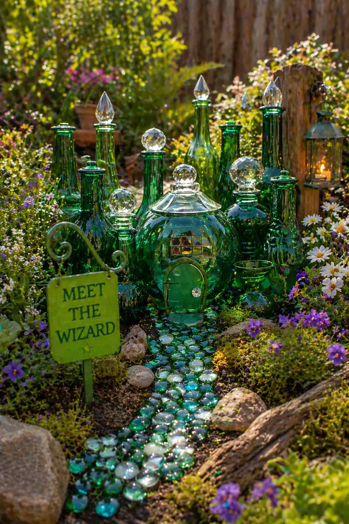 Wizard Themed Fairy Garden Using Green Glass Bottles