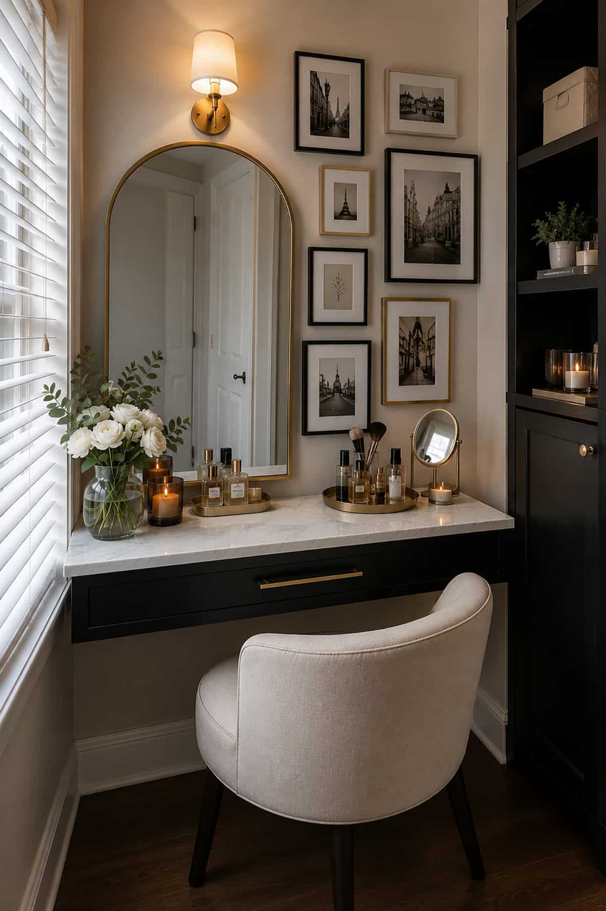 Black Vanity Table with Gallery Wall