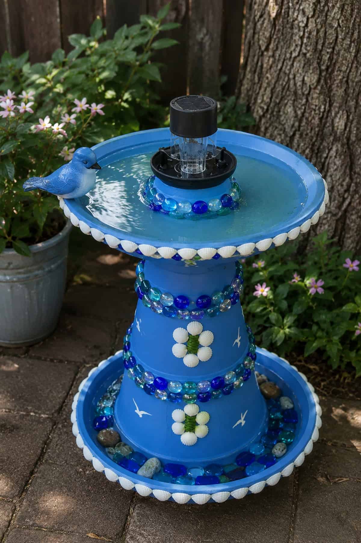Blue Tiered Solar Bird Bath