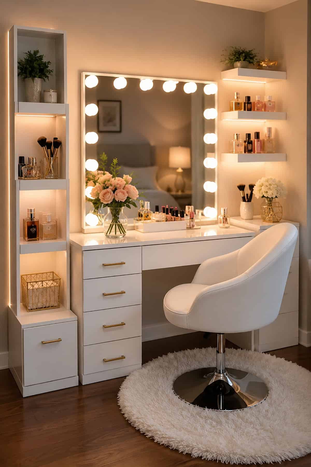 Built In Makeup Vanity With Lighted Shelves