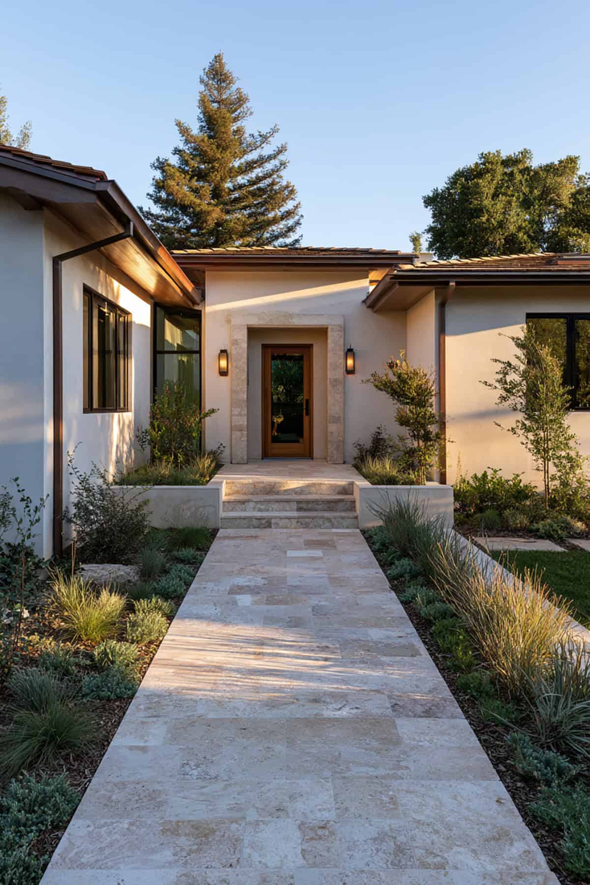 Bungalow With Light Stone Pathway and Framed Entry