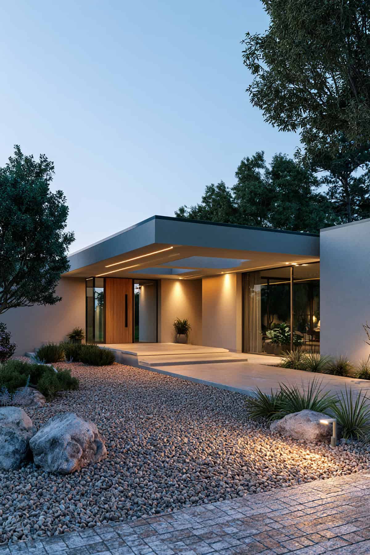 Bungalow With Subtle Roof Overhang Lighting at Dusk