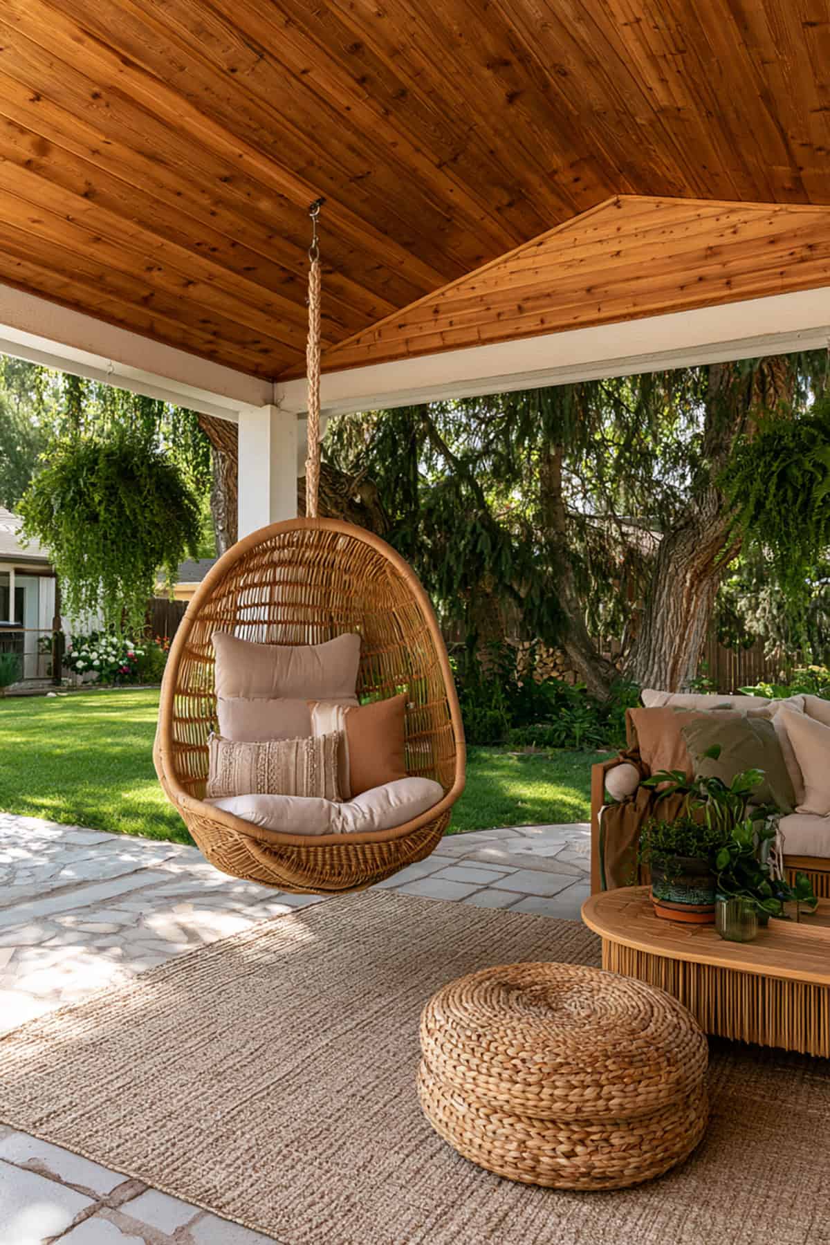 Cedar Covered Patio With Hanging Swing Chair