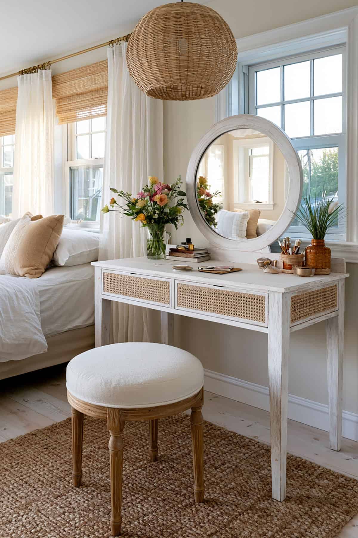 Coastal Makeup Vanity With Woven Details