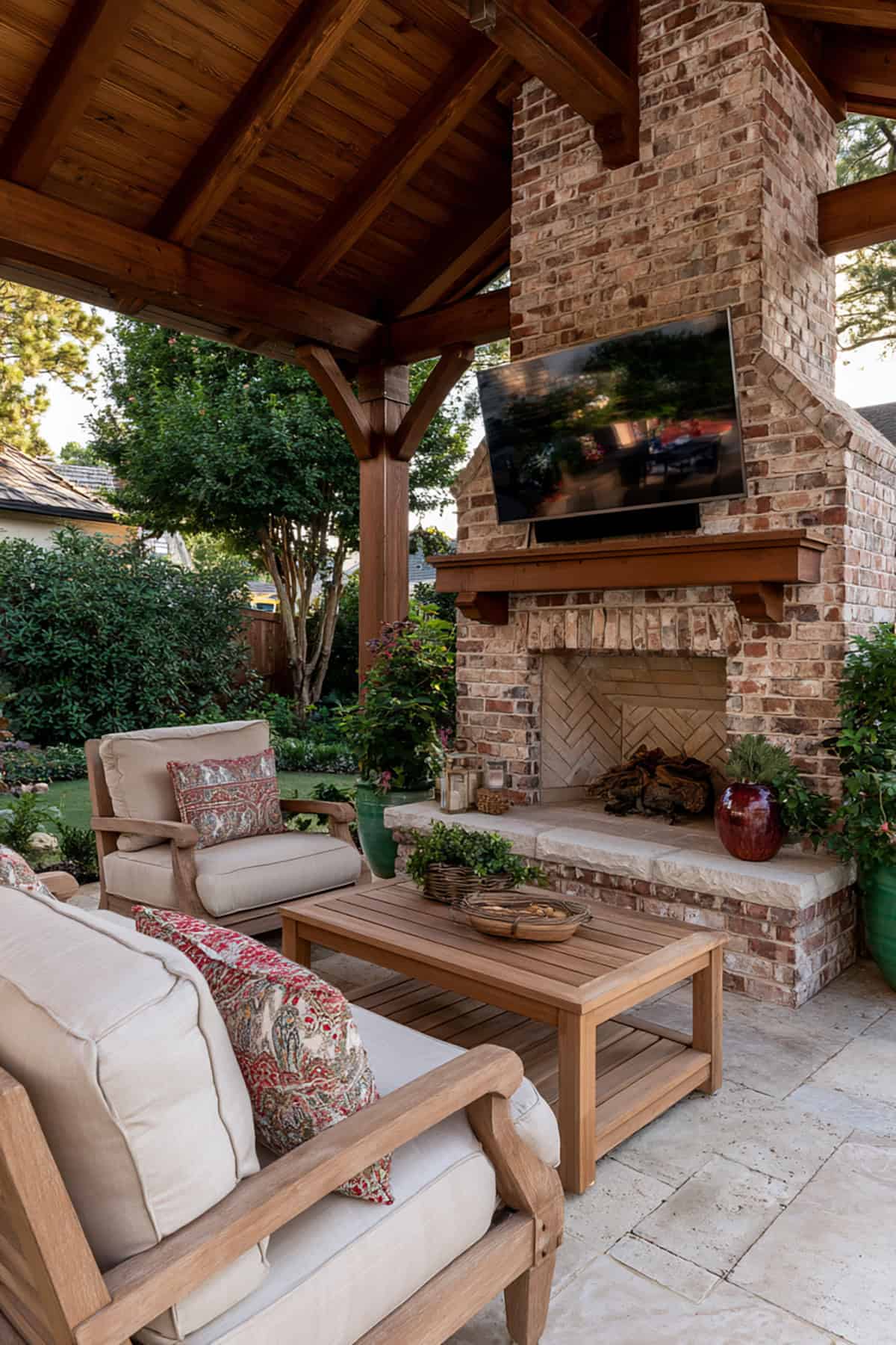 Covered Patio With Brick Fireplace And TV