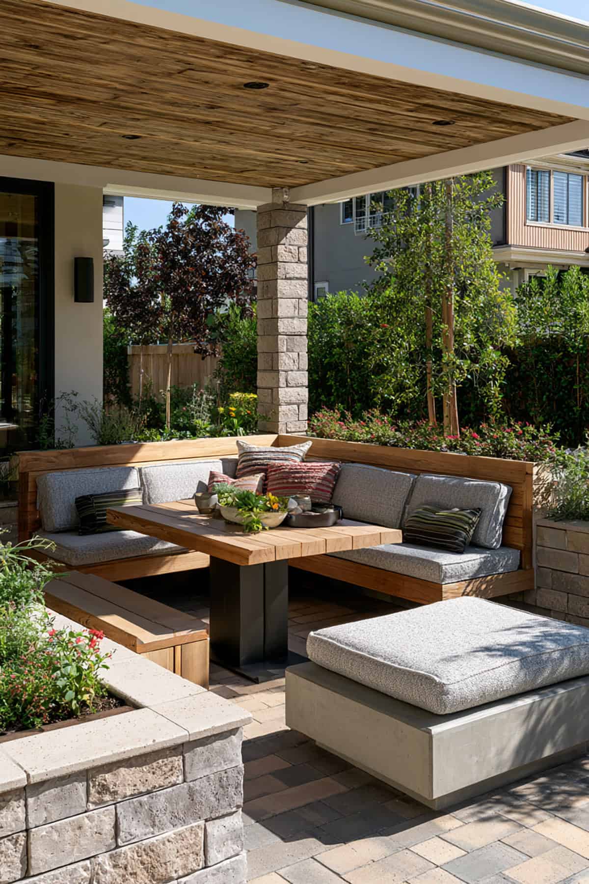 Covered Patio With Built In Bench Seating And Planters