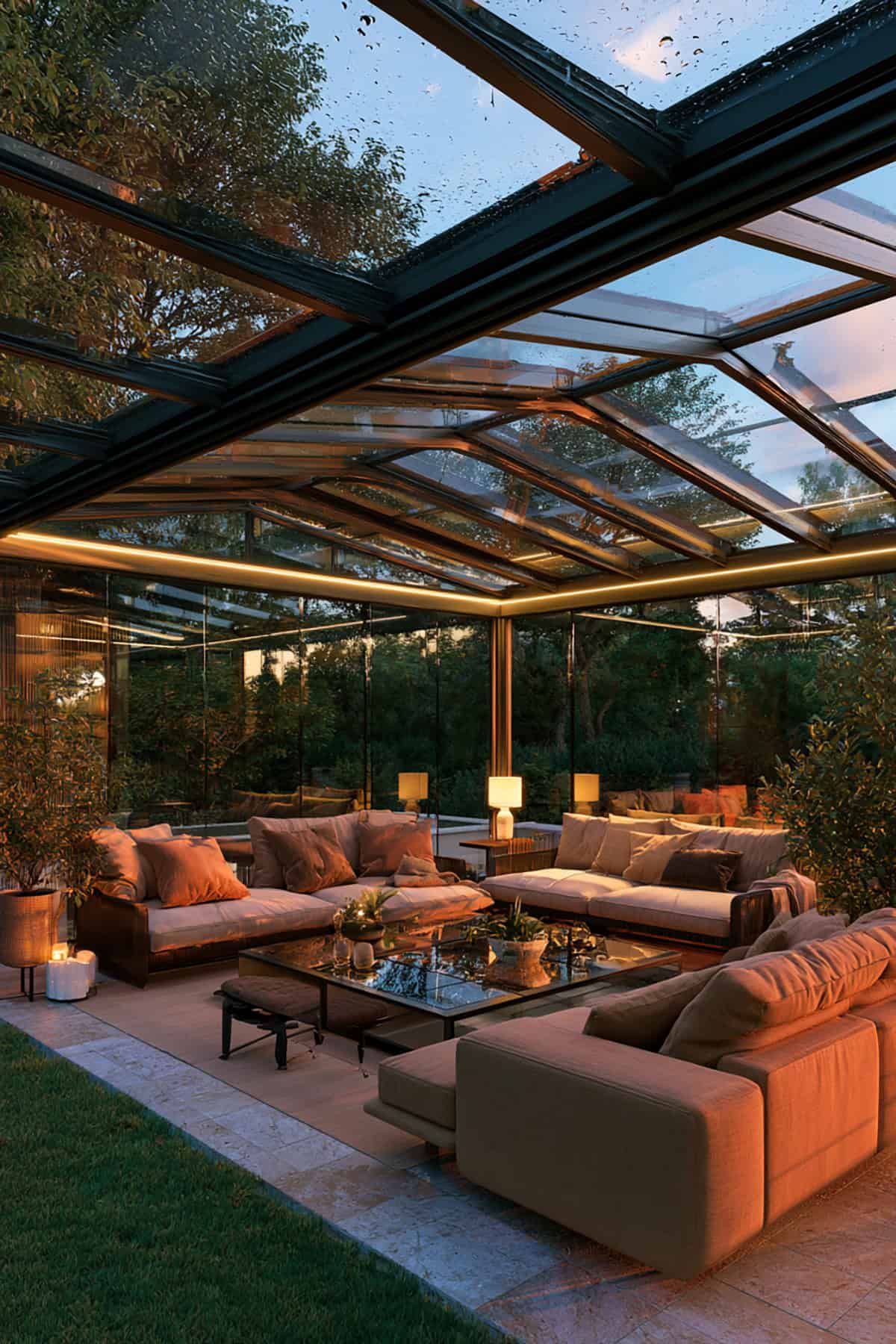 Covered Patio With Clear Roof And Rainy Day