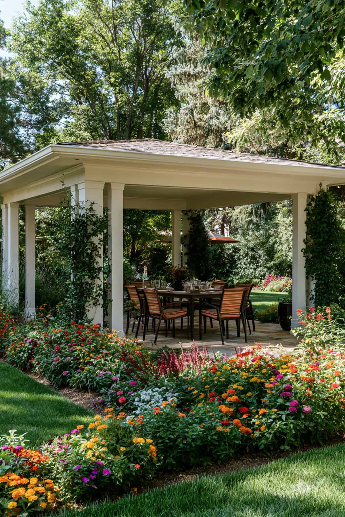 Covered Patio With Outdoor Dining Next To Flower Beds