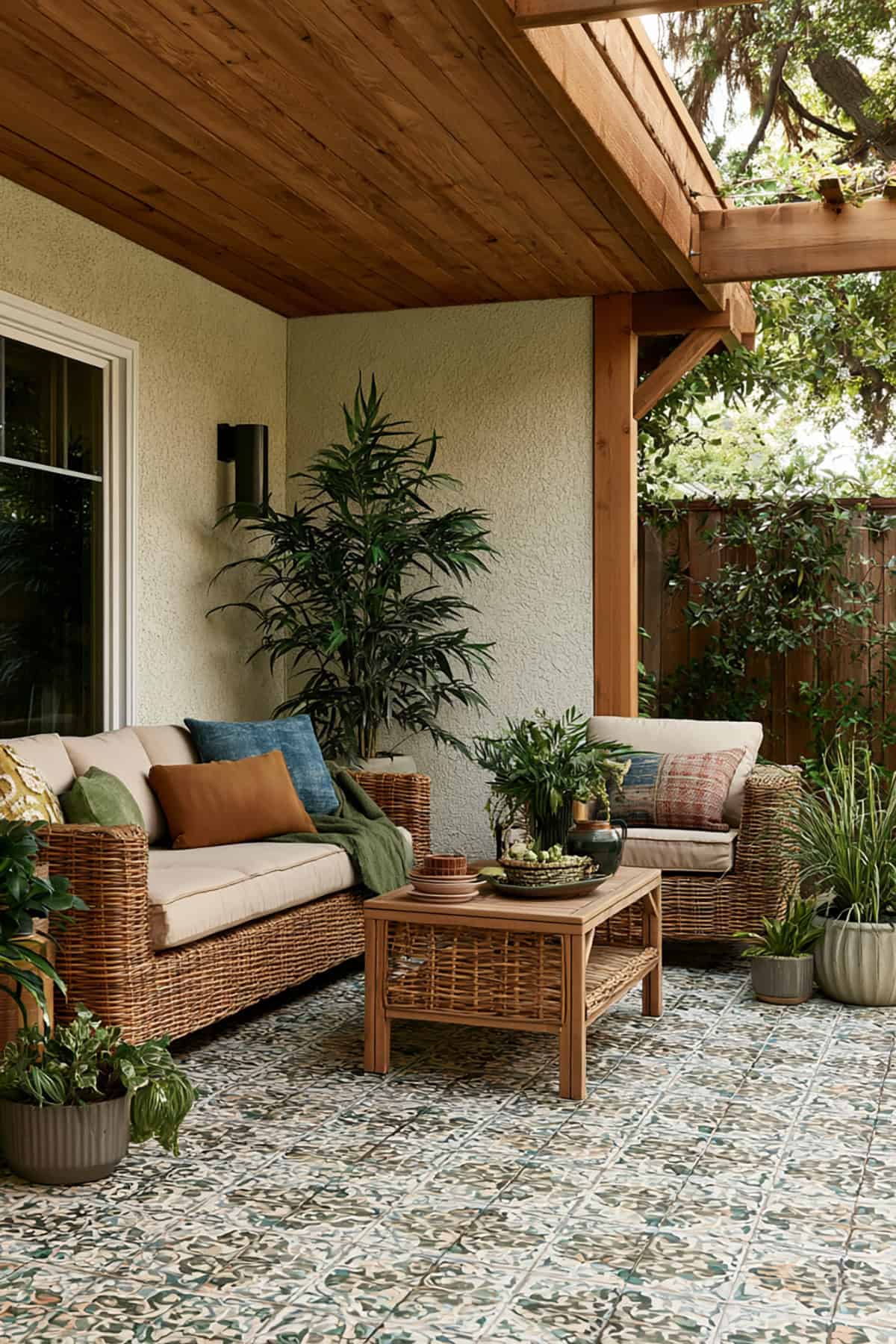 Covered Patio With Tiled Floor And Rattan Furniture