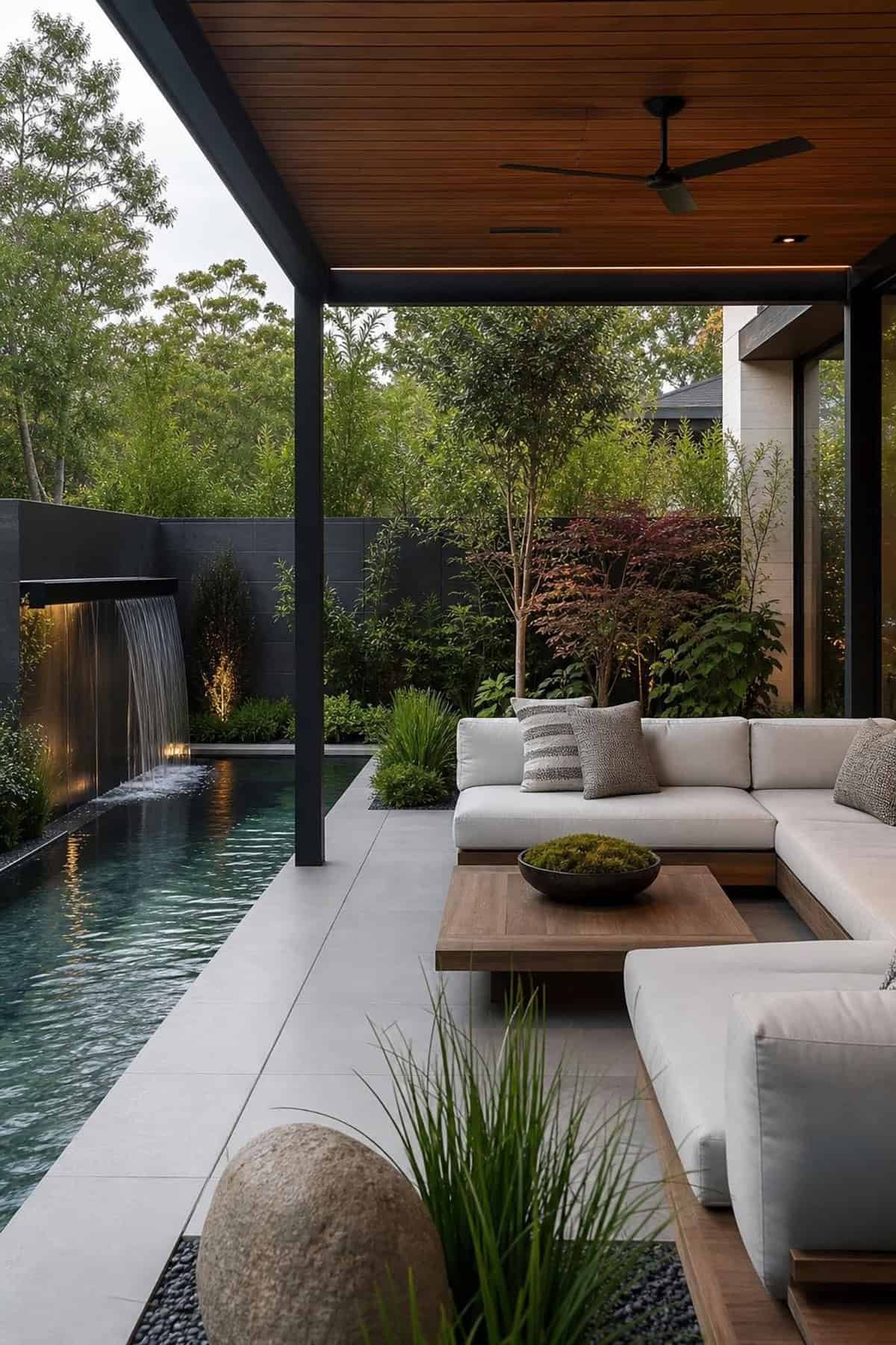 Covered Patio With Water Feature And Zen Landscaping