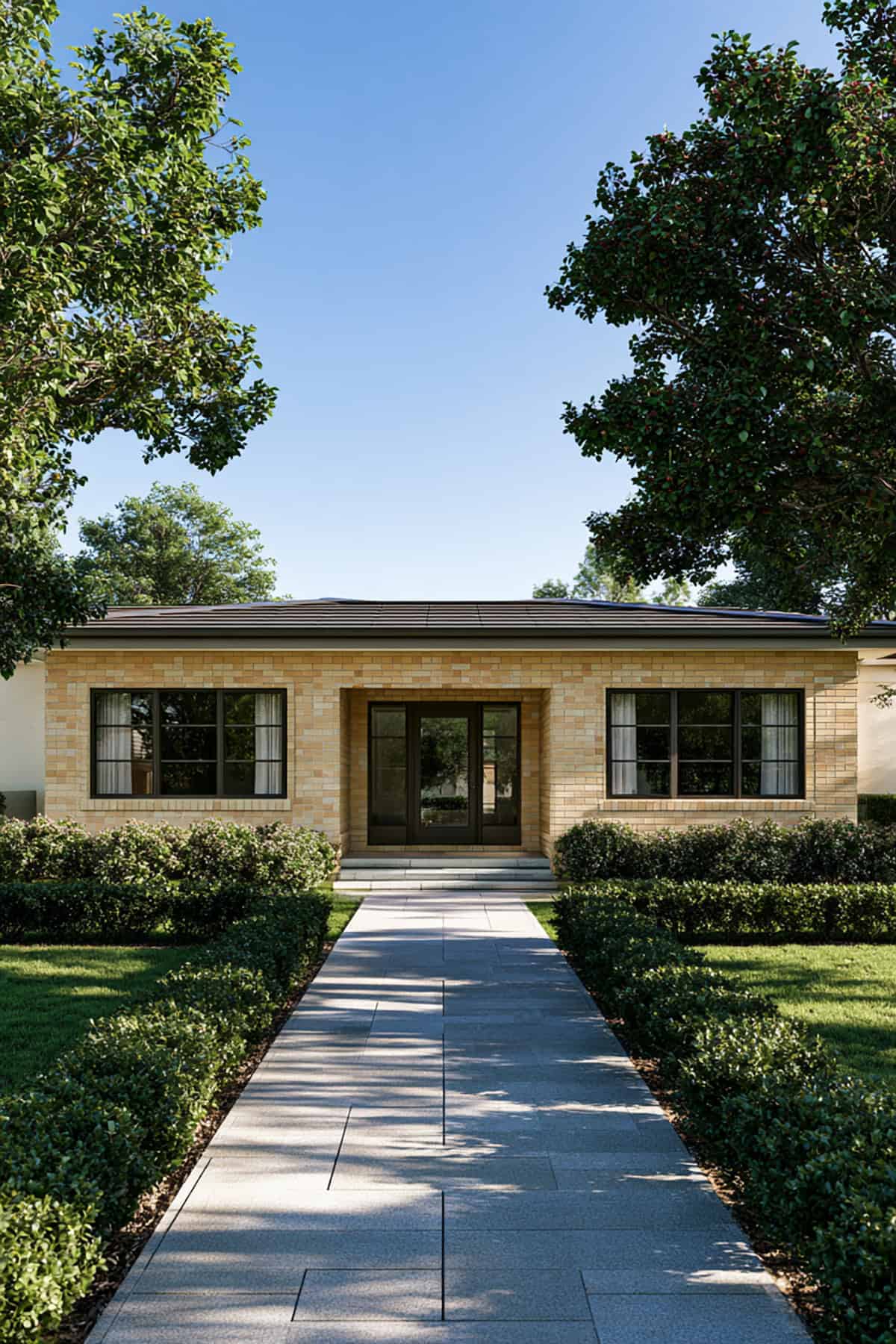 Cream Brick Bungalow With Symmetrical Facade Design
