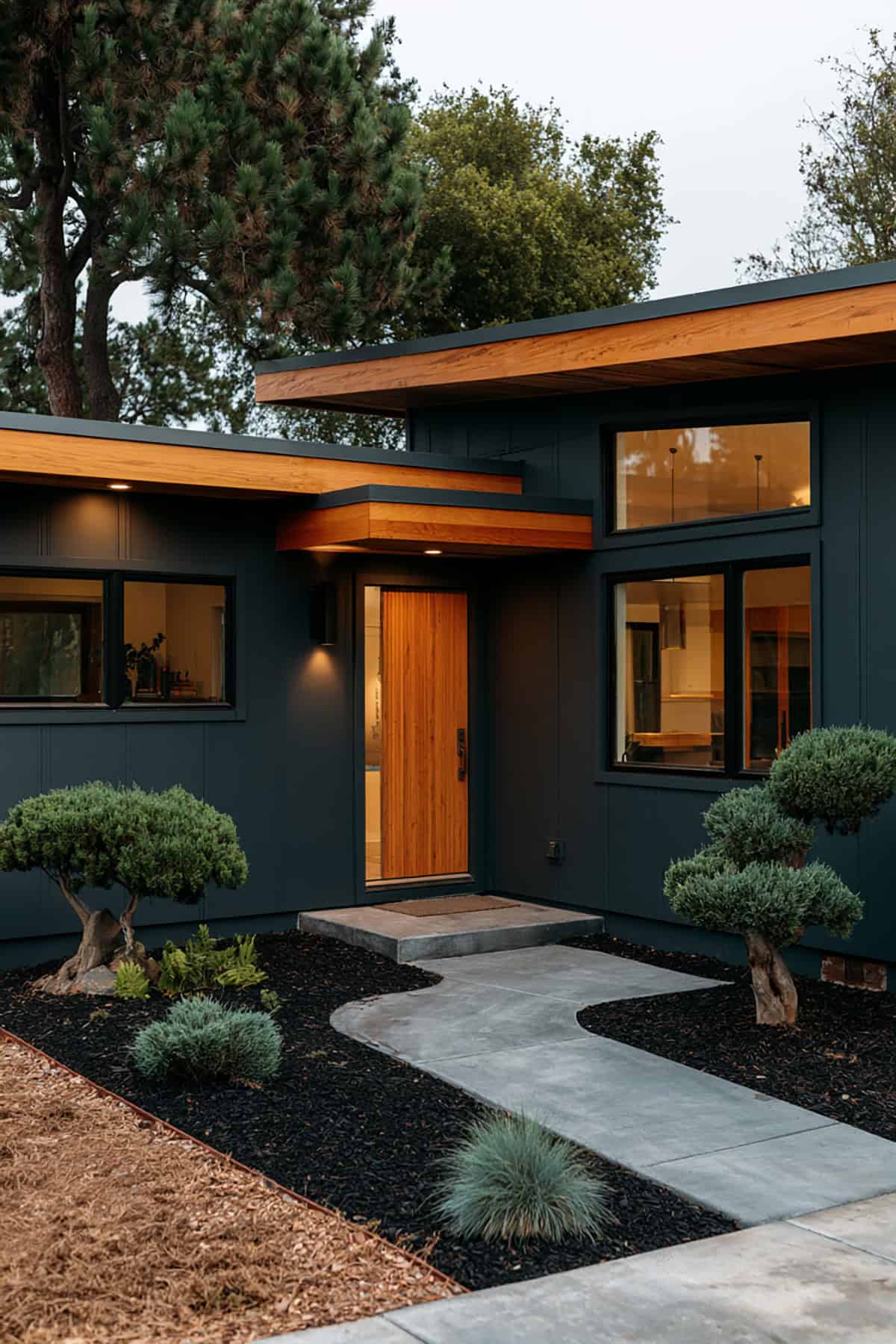Dark Charcoal Bungalow With Warm Wood Accents