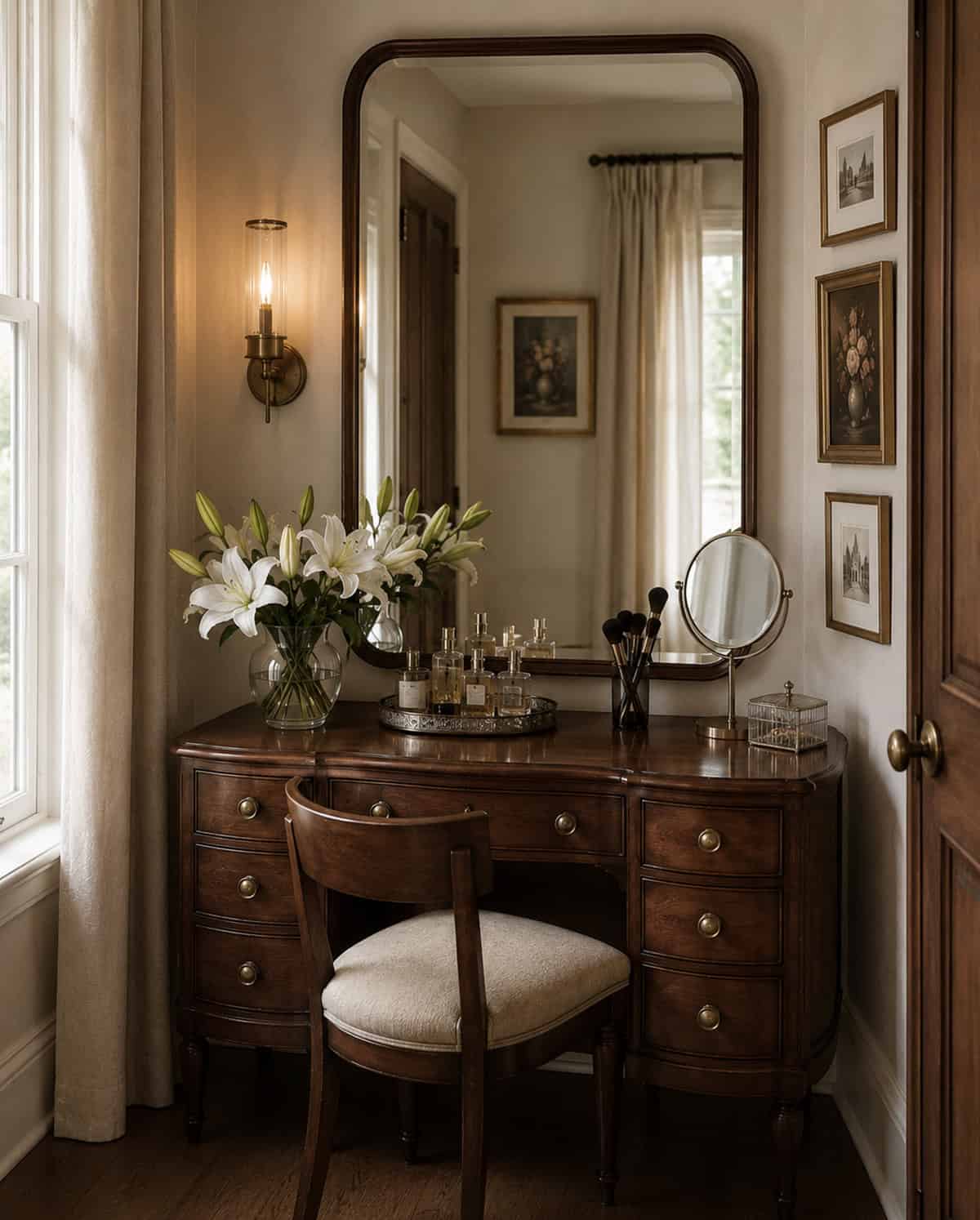 Dark Wood Makeup Vanity Table with Tall Mirror