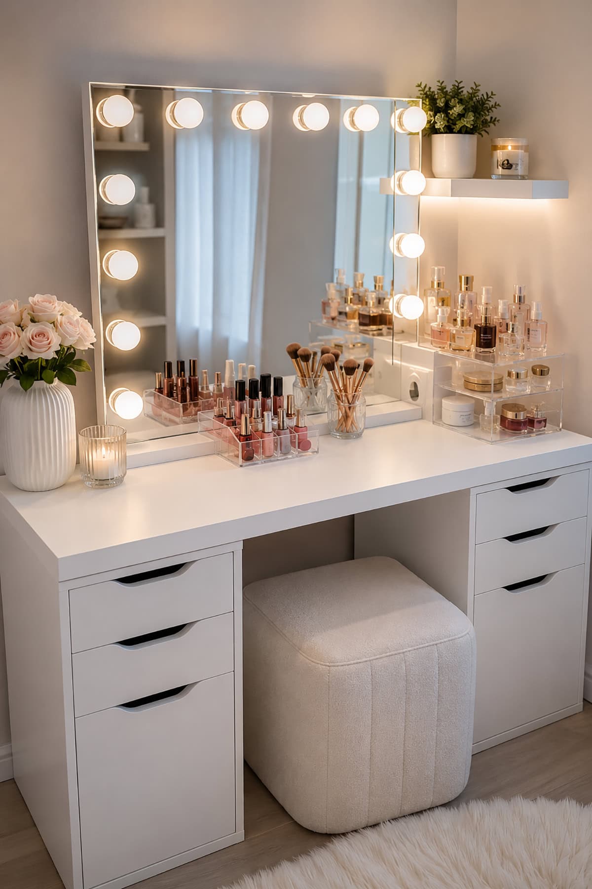 Double Drawer Makeup Vanity Table with Lighted Mirror